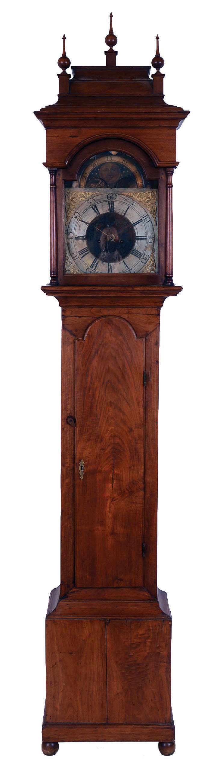 John Benson, Whitehaven, England, tall clock, 8 days, time and strike, weight driven English movement in a Pennsylvania pagoda top walnut case on bun feet with brass dial, silvered chapter ring and moon phase. — Antique Clocks Price Guide