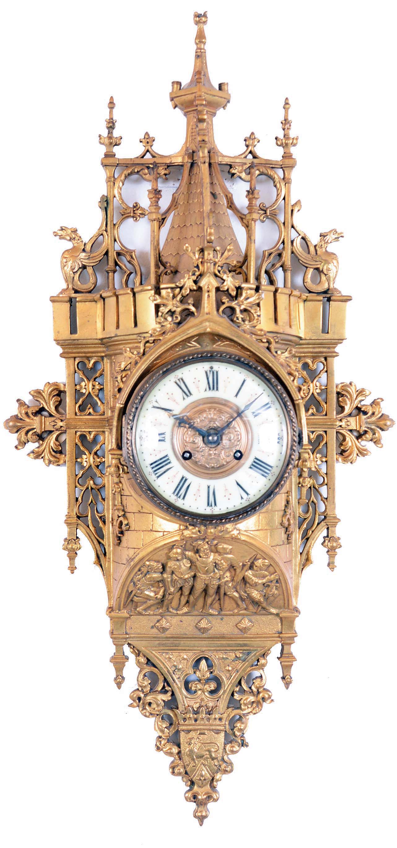 France, architectural cartel wall clock, 8 days, time and bell strike, spring driven movement in an elaborately cast gilded brass case depicting a castle, griffins and knights in armor with brass dial with enamel chapter ring — Antique Clocks Price Guide