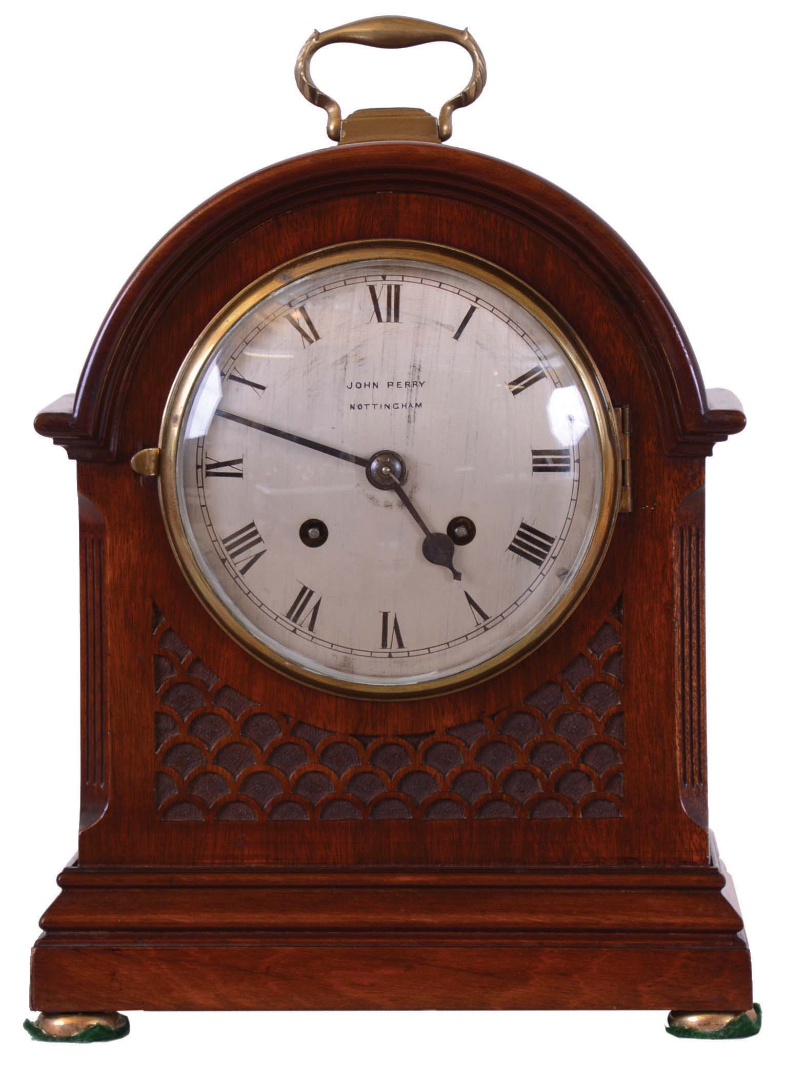 English bracket clock (John Perry, Nottingham) with a German spring driven fusee movement with a ting tang quarter hour strike in a mahogany case. — Antique Clocks Price Guide