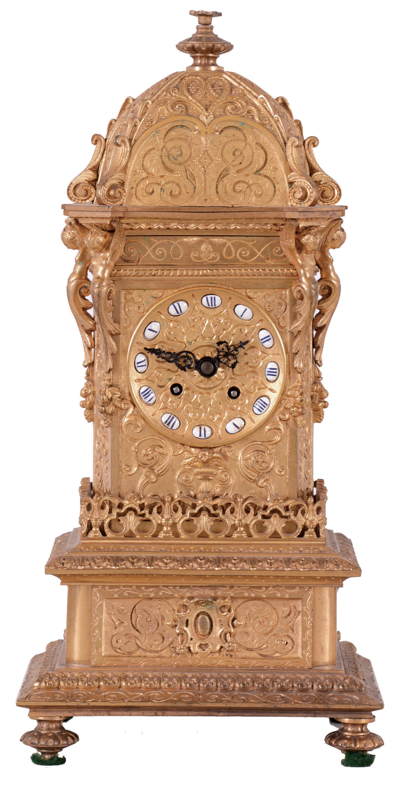 Vincenti &amp; Cie, Paris, France brass architectural mantel clock, 8 days, time and bell strike, spring driven movement with silk thread suspension in a stepped turret type case with pagoda top and profuse fancy cast brass trim and moldings. The brass dial has twelve small Roman numeral cartouches. — Antique Clocks Price Guide