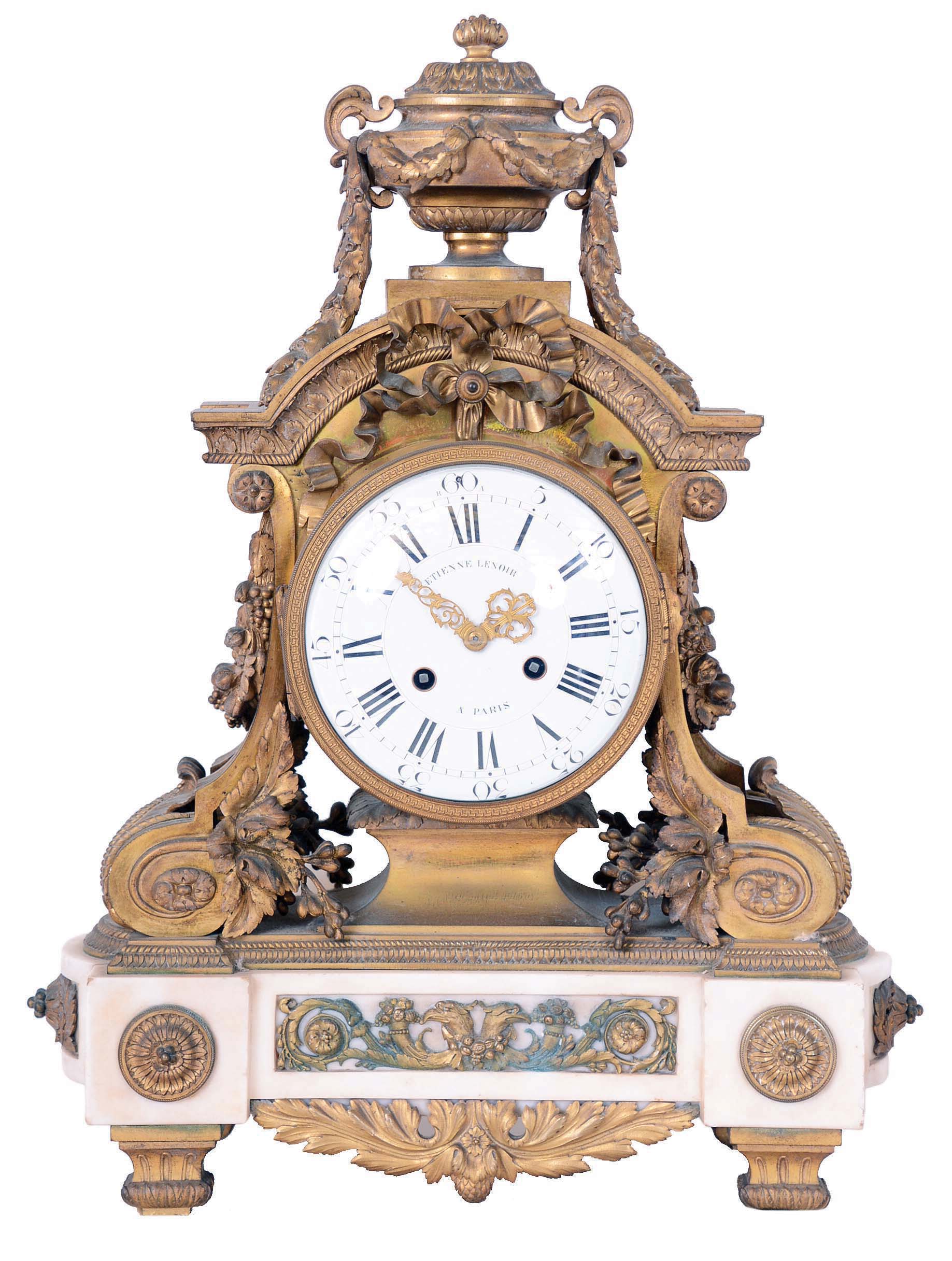 Etienne Lenoir A Paris, France, cast brass and alabaster large 8 day time and strike mantel clock, Japy Freres Medaille D'Or movement with bell and count wheel — Antique Clocks Price Guide