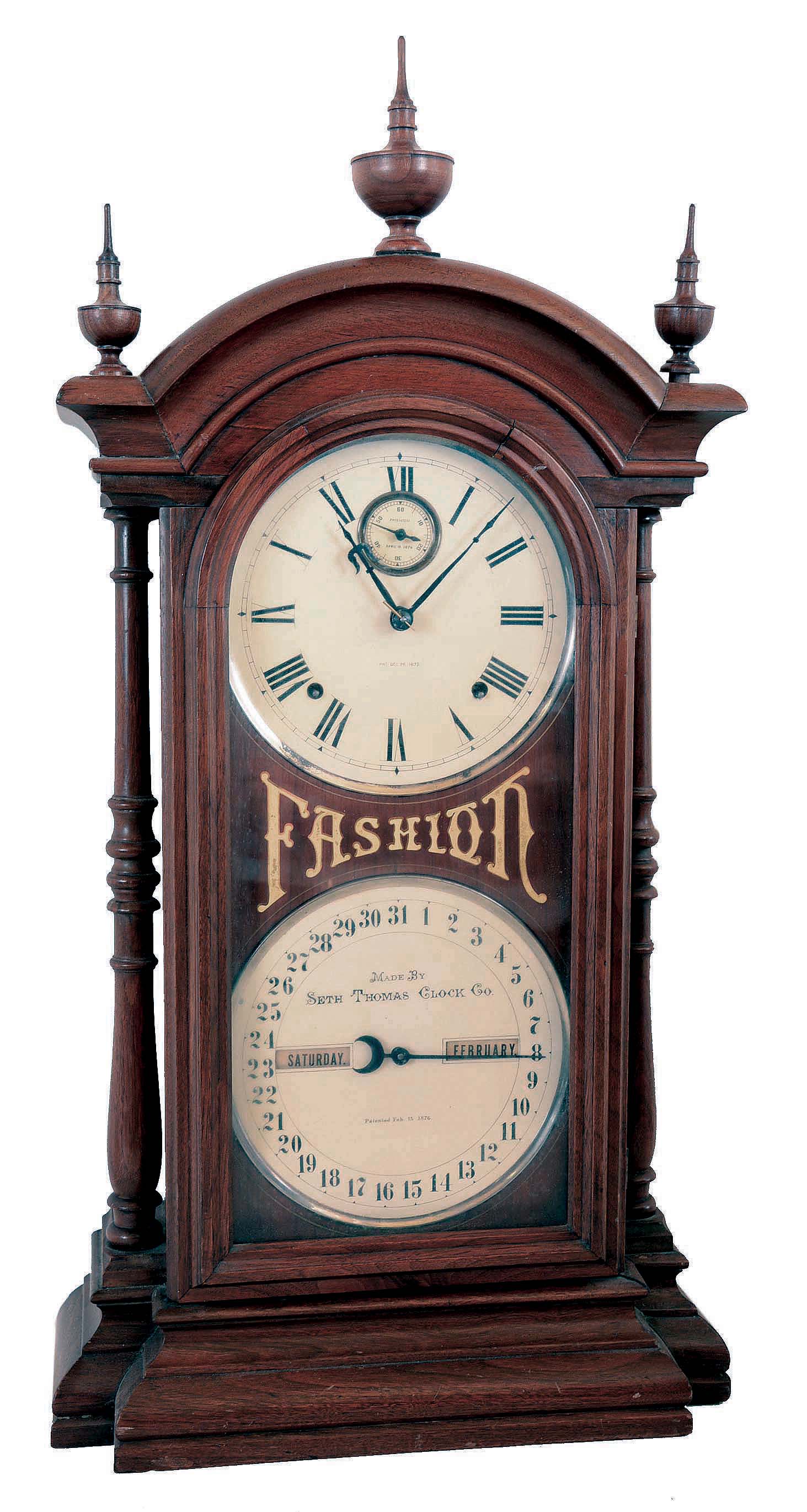 Seth Thomas Clock Co., Thomaston, Conn., for Southern Calendar Clock Co., St. Louis, MO. "Fashion No. 5", 8 days, time and strike spring brass movement double dial calendar shelf clock. — Antique Clocks Price Guide