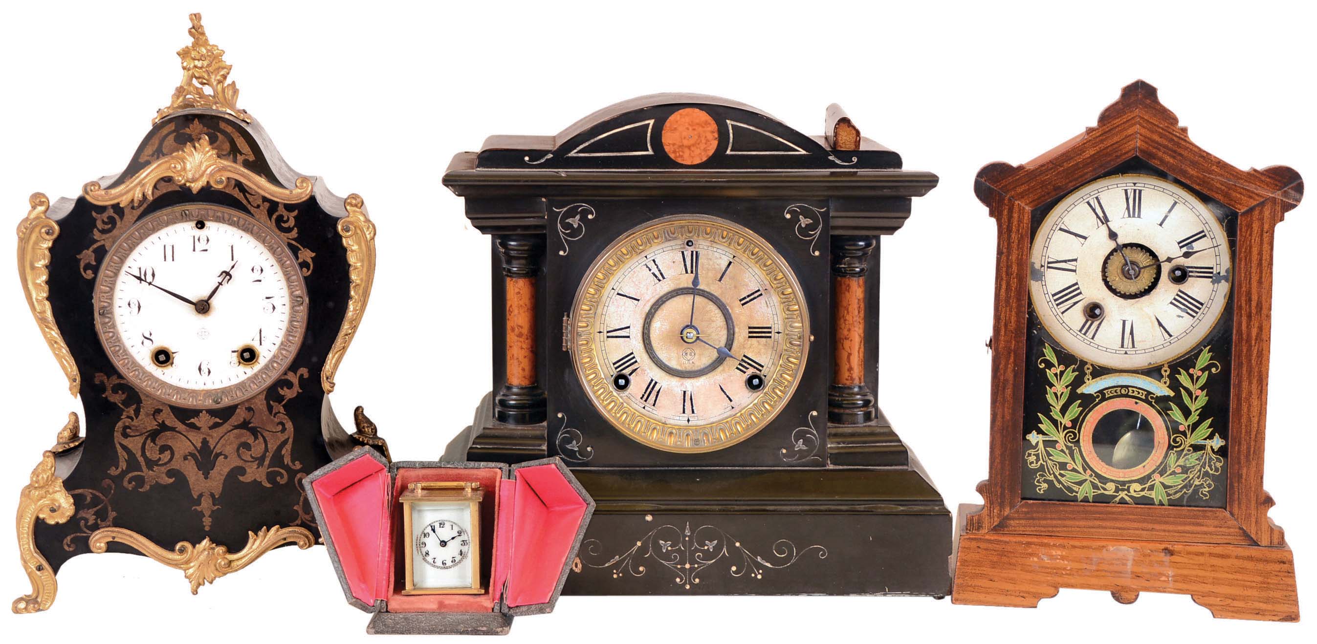 Clocks- 4 (Four): Philip Haas &amp; Sohne German 30 hour time and alarm grain painted cottage clock; Seth Thomas black enamel wood 8 day time and strike mantel; Waterbury "Speck" 30 hour time only carriage clock with carrying case; and Seth Thomas black enameled wood Neuchatel style 8 day time and strike mantel; early 20th century — Antique Clocks Price Guide