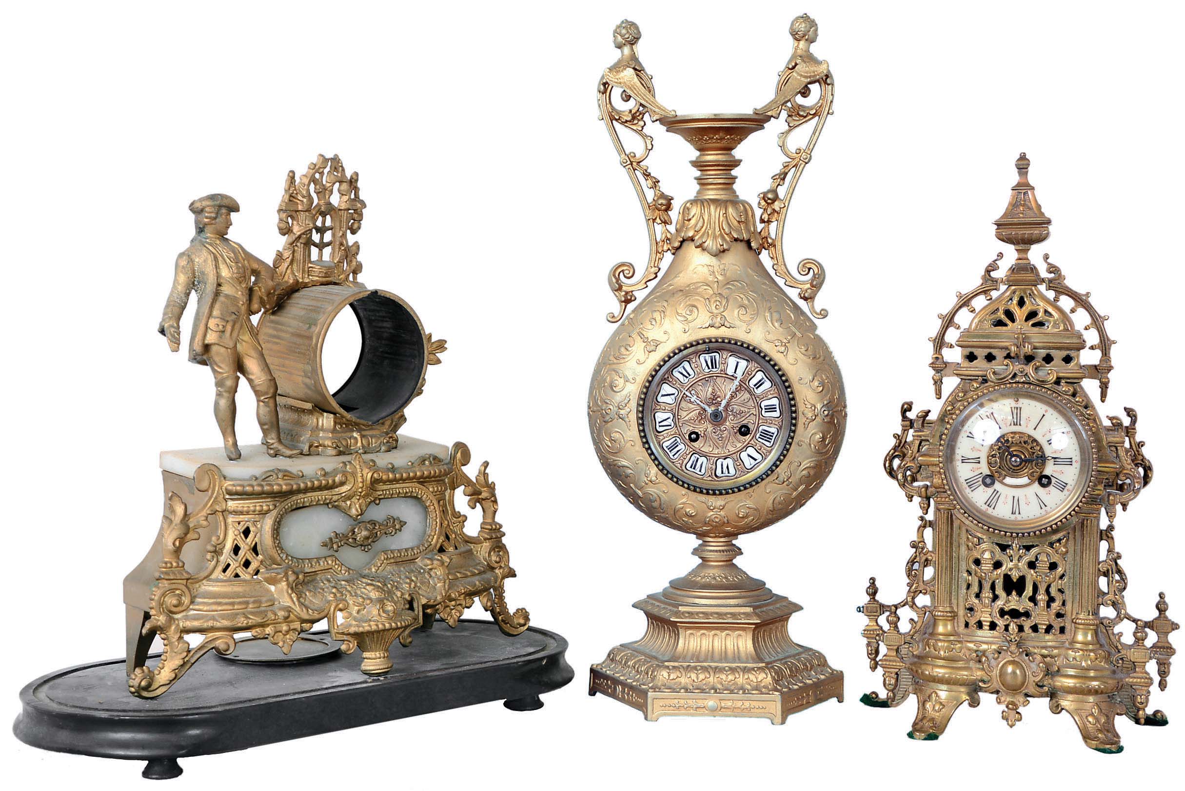 Clocks- 3 (Three) French cast metal cases: two with 8 day time and strike movements (one with Japy stamp) , one case (only) on black enameled wood base, c1880 — Antique Clocks Price Guide