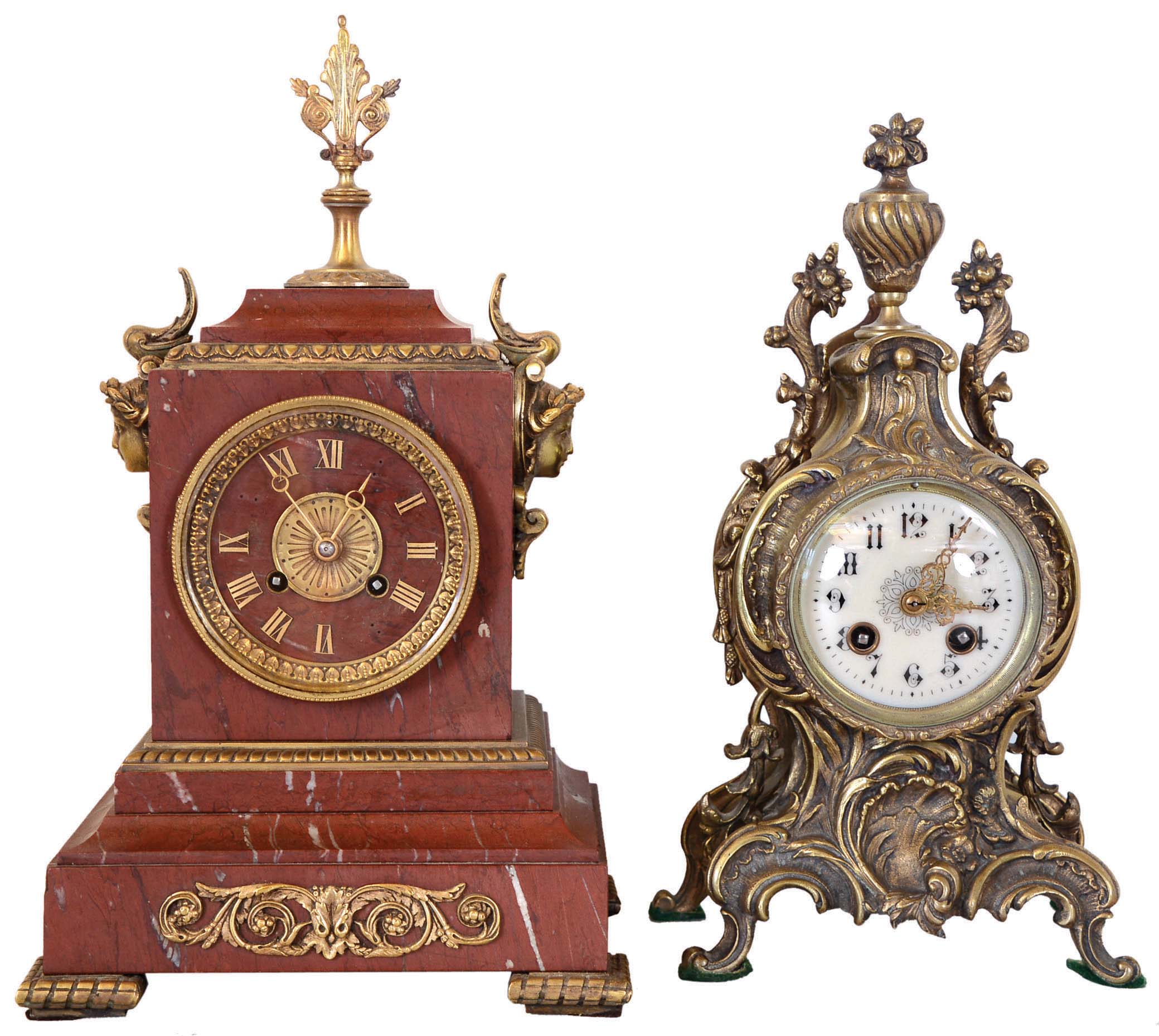 Clocks- 2 (Two) French, 8 days, time and strike: red marble with brass accents and bell-striking movement stamped Tiffany and Japy Freres; cast brass with decorated enamel dial and bell-striking Marti movement also stamped Baison &amp; Thomas. — Antique Clocks Price Guide