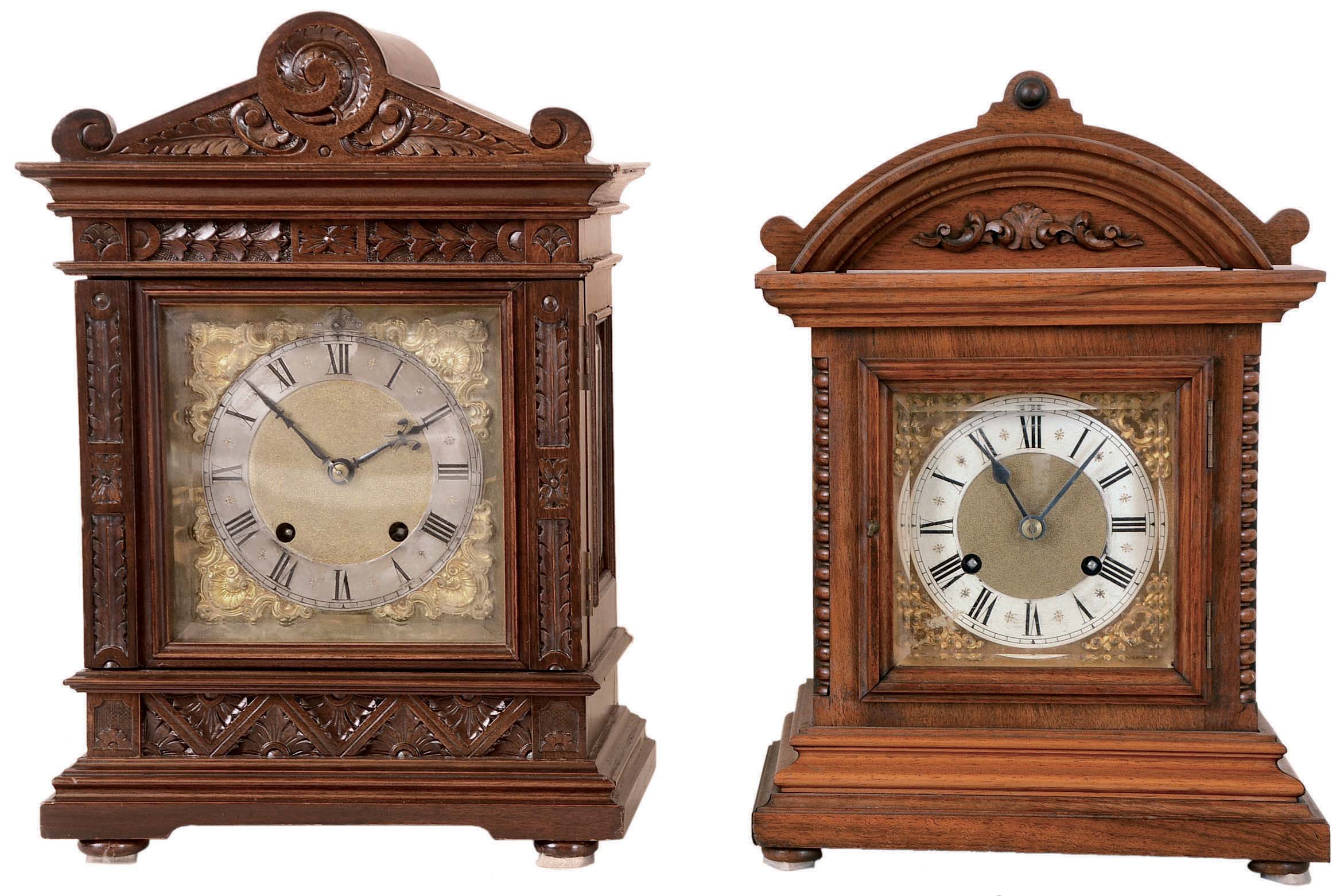 Clocks- 2 (Two) German Bracket "RMS" (Mueller &amp; Co.) walnut 8 day time and strike, beveled glasses, silvered chapter rings on ornate brass dials, both with bim-bam quarter-hour striking; early 20th century — Antique Clocks Price Guide