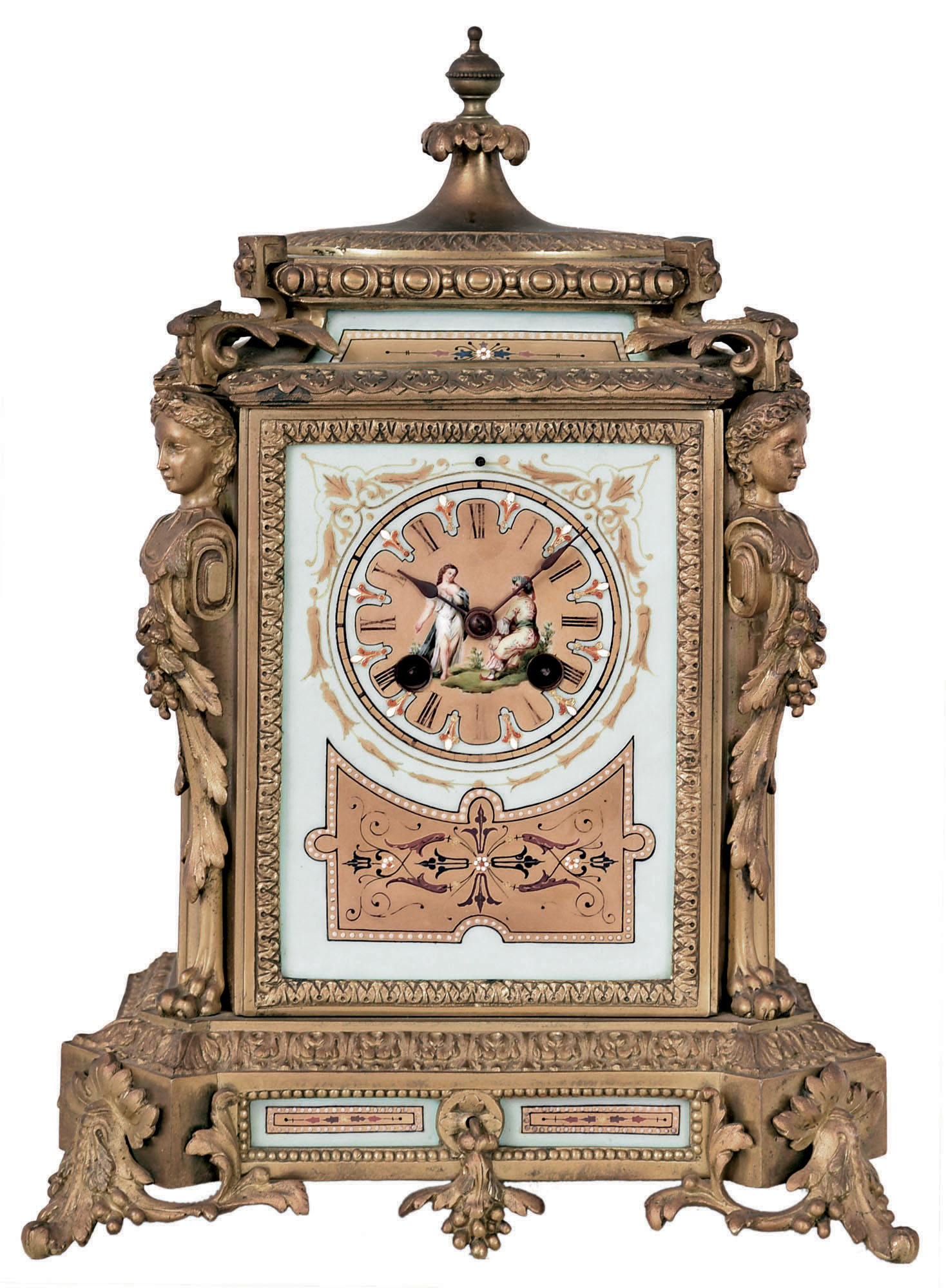 Japy Freres, also stamped, D.C. &amp; Cie, Paris, France, decorative mantel clock, 8 days, time and bell strike, spring driven movement with maker's stamp in a brass case with decorative brightly painted porcelain panels featuring Moorish motif and matching insets and dial and pendulum regulation through the dial above 12. — Antique Clocks Price Guide