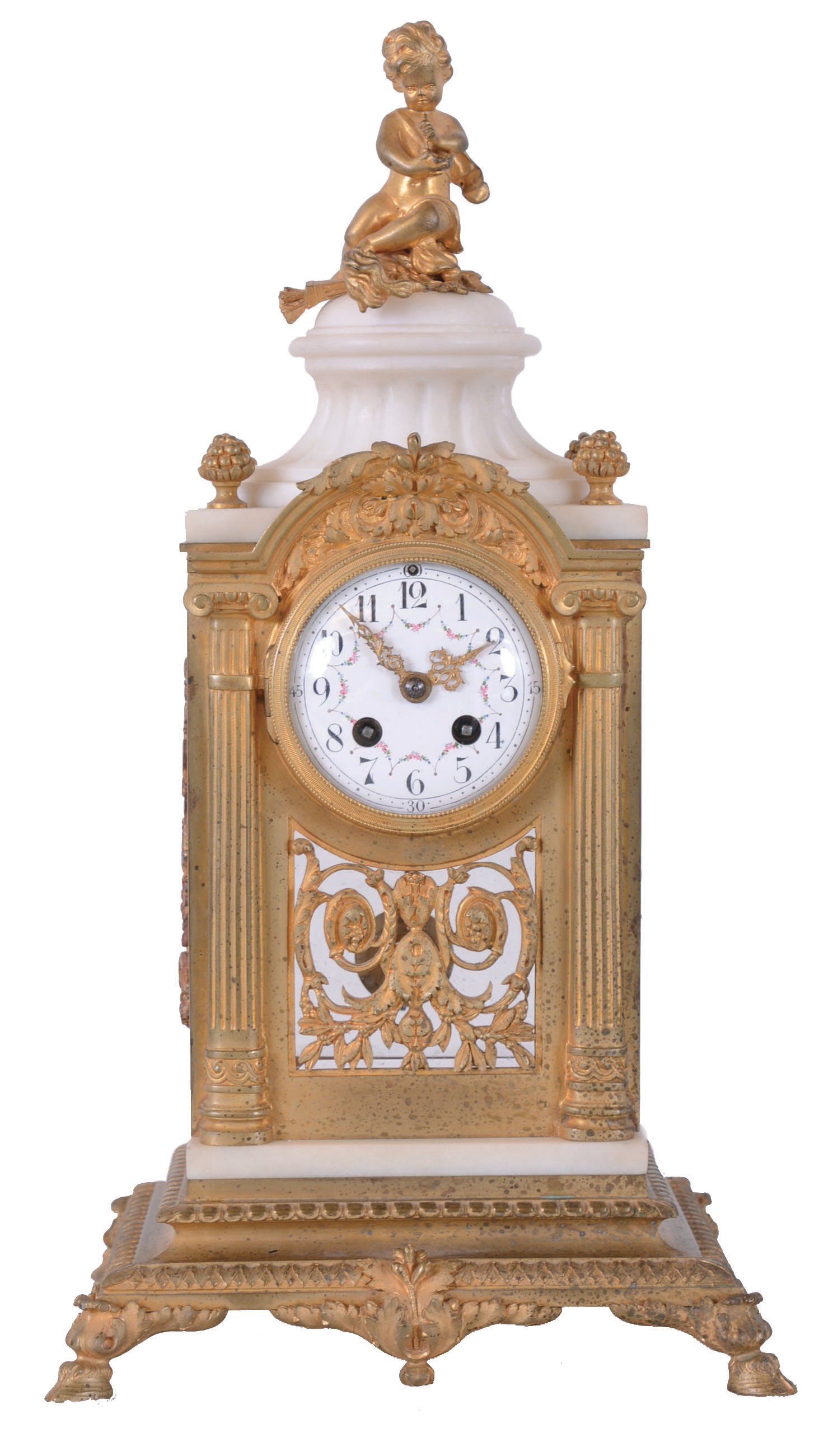 Vincenti &amp; Cie, Paris, France for Black, Starr, New York, fancy crystal regulator mantel clock, 8 days, time and gong strike, spring driven movement in a marble case with beveled glass sides, ormolu trim and base with a pedastal top surmounted by a putto and flanked by clusters of grapes finials. The white enamel Arabic numeral dial has festoons of polychrome painted lowers. — Antique Clocks Price Guide