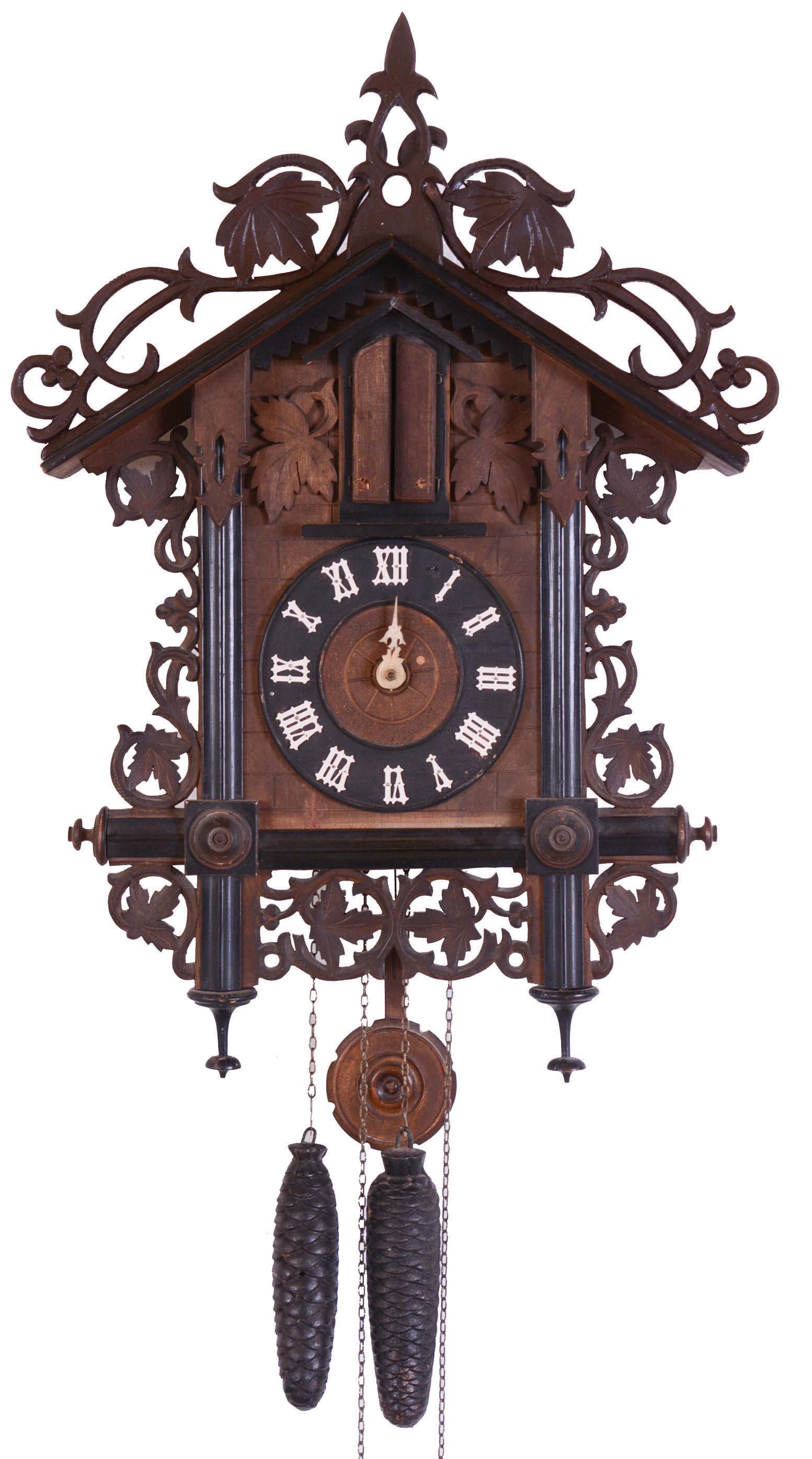 Germany Black Forest; 30 hours, time and strike weight brass movement three horn trumpeter wall clock. — Antique Clocks Price Guide