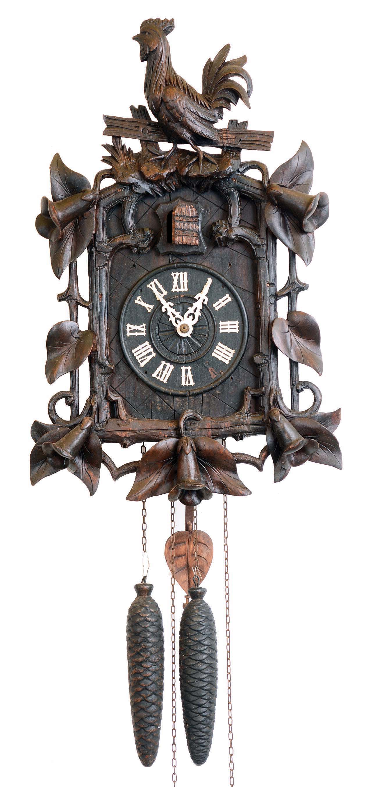 Clocks- 2 (Two) German Black Forest carved walnut 2 weight 30 hour cuckoo clocks; top rooster; fox and grapes; late 19th and early 20th centuries — Antique Clocks Price Guide