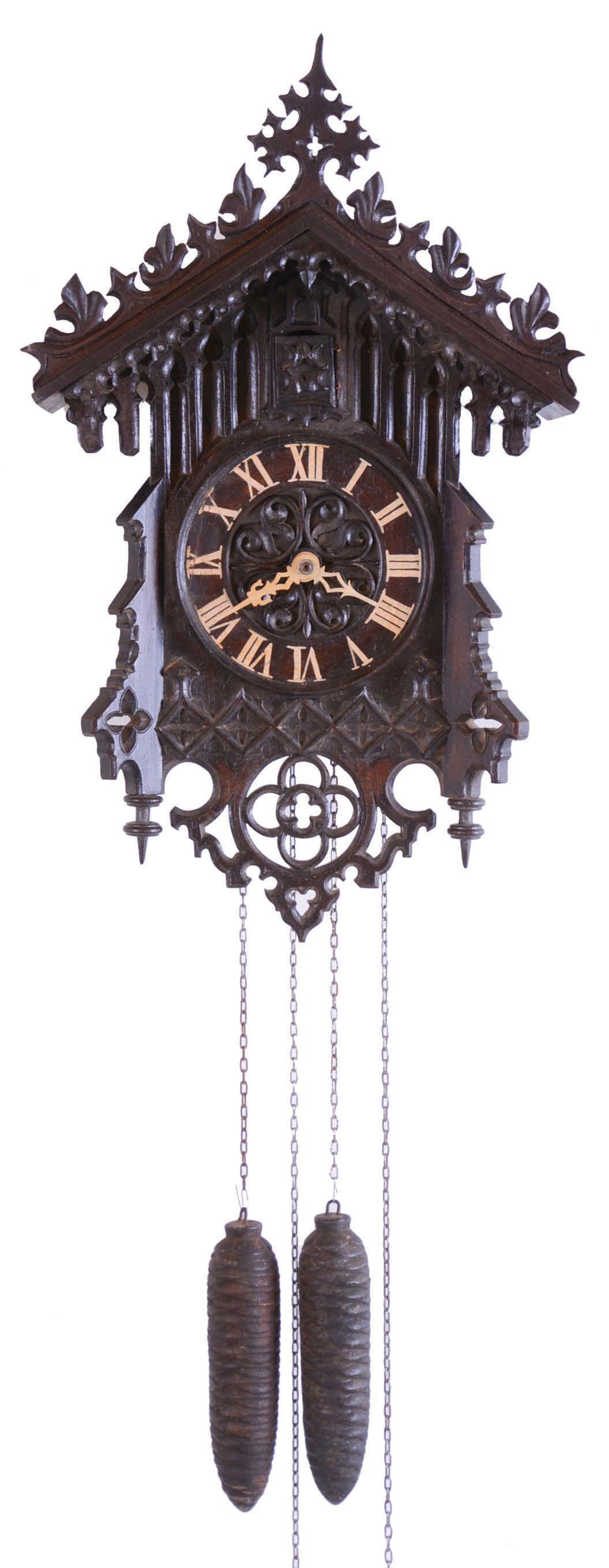 Johann Baptiste Beha, Germany, Black Forest 30 hours, time and strike weight wood plate, brass gears movement Gothic style cuckoo clock. — Antique Clocks Price Guide