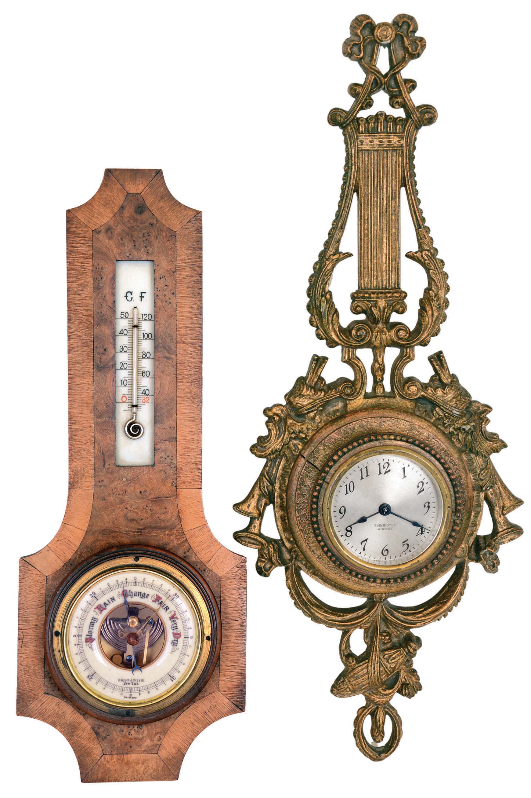 Clock and Barometer- 2 (Two): Seth Thomas Clock Co., "Lyre" 4-jewel gilt cast-metal time only wall clock, c1928; "Halpert &amp; Fryxell, New York" (Madison Avenue) , barometer and thermometer on burled wood back, made in Germany, early 20th century — Antique Clocks Price Guide