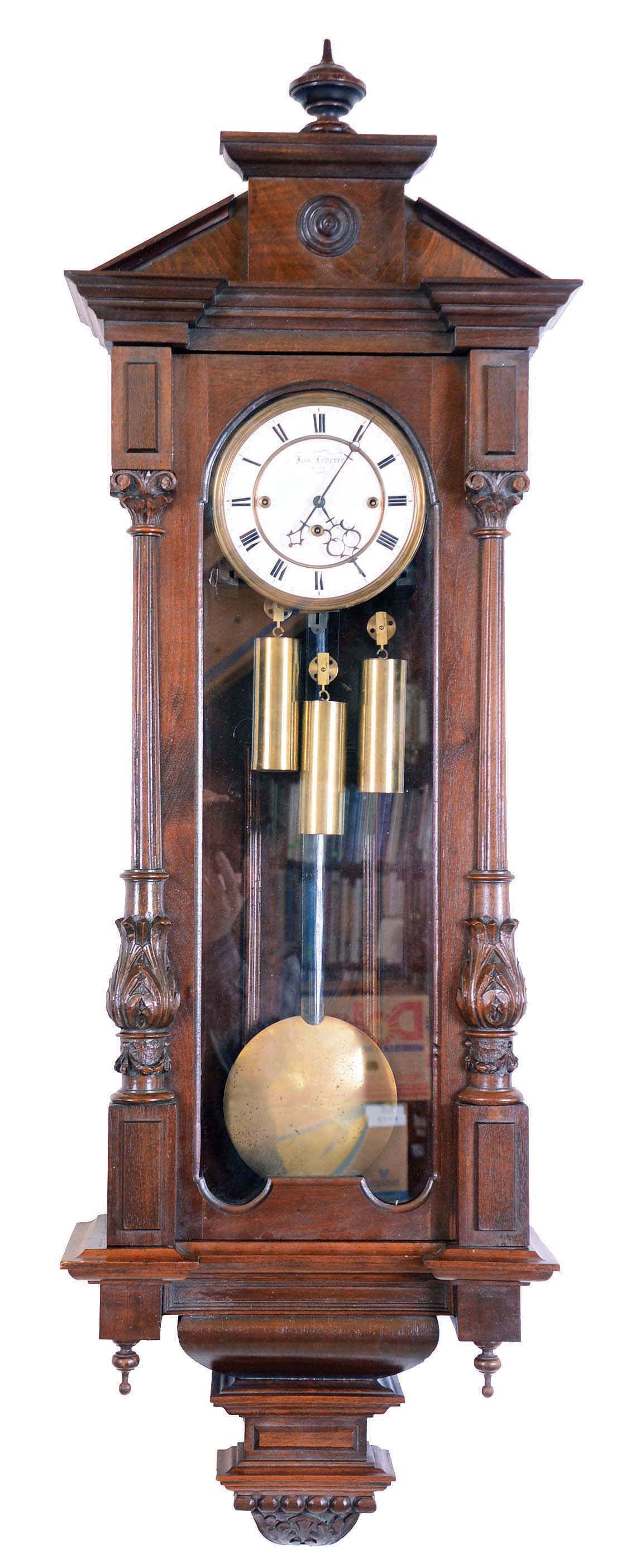 Jos. Lederer, Wien, Austria 3-weight grand sonnerie walnut Vienna Regulator wall clock — Antique Clocks Price Guide