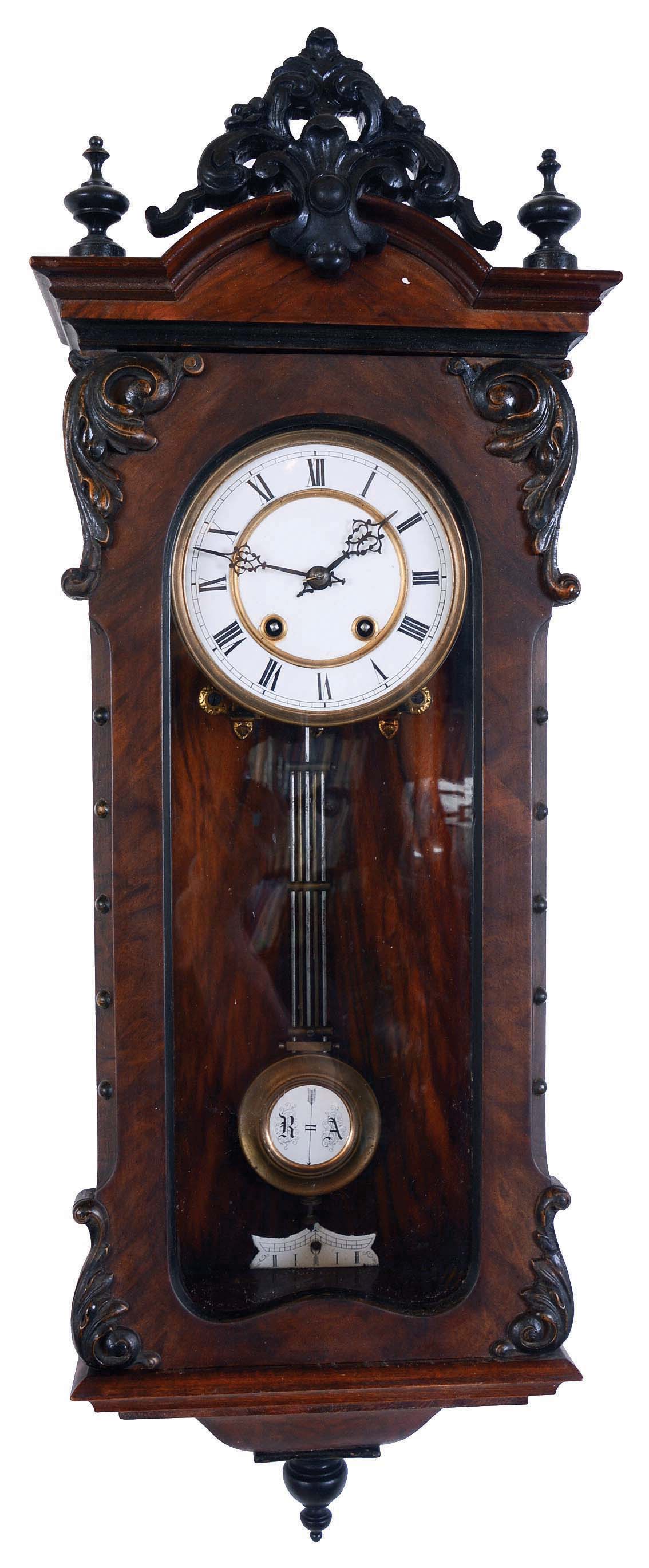 Lenzkirch Clock Co., Germany, miniature Vienna regulator, 8 days, time and strike, spring driven movement marked Lenzkirch in a walnut case also stamped Lenzkirch with burled veneer and brass pendulum with white enamel R/A insert, serial #317557. — Antique Clocks Price Guide