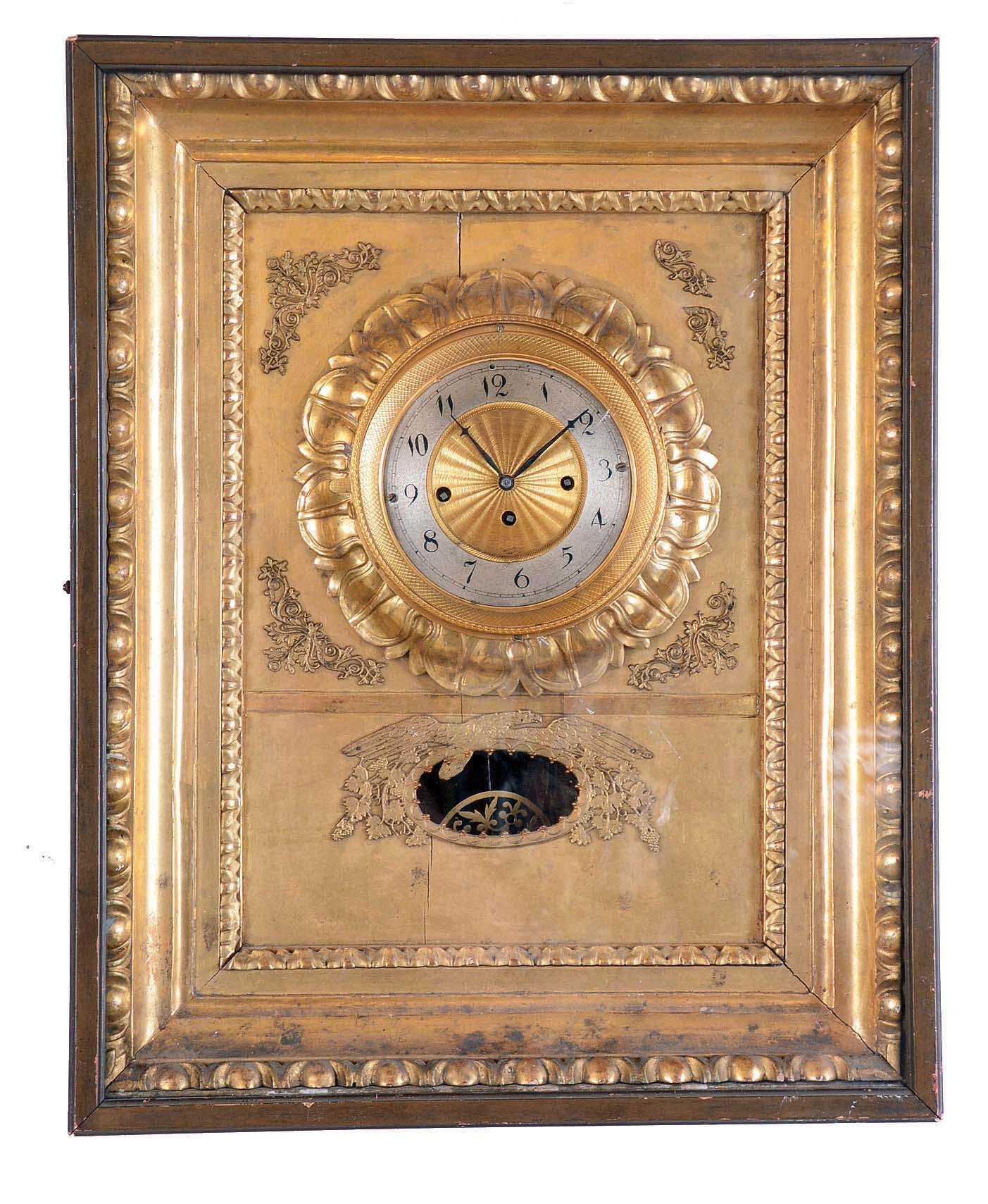 Austrian Picture Frame wall clock, 2 days, time and grande sonnerie, spring driven, pendulum movement with silk thread suspension n a gilded frame with cast appliques brass guilloche dial and silvered chapter ring. — Antique Clocks Price Guide