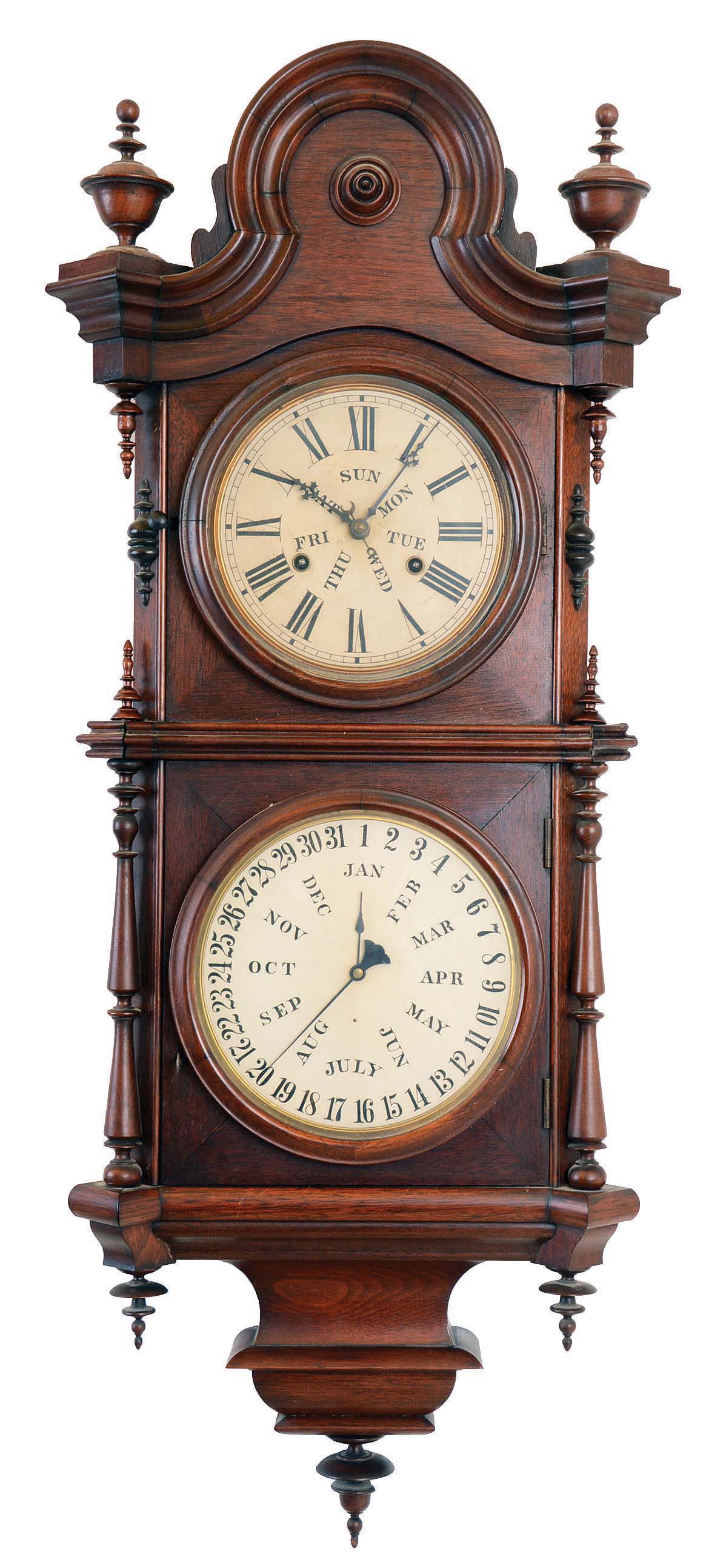 Welch, Spring &amp; Co., Forestville, Conn., "No. 5 Regulator, B.W.", 30 day, spring brass movement double dial calendar wall clock. — Antique Clocks Price Guide
