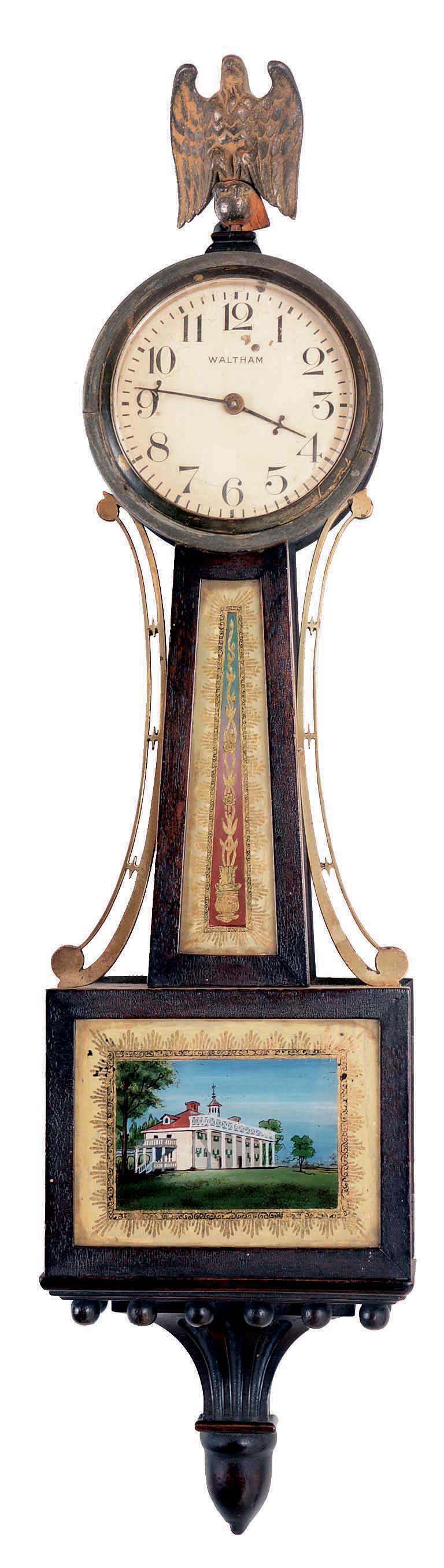 Waltham Clock Co., Waltham, Mass., "Miniature Willard Banjo", 8 days, time only spring driven movement with lever escapement in mahogany case with reverse painted tablets and painted metal dial. Case is stamped "37". — Antique Clocks Price Guide