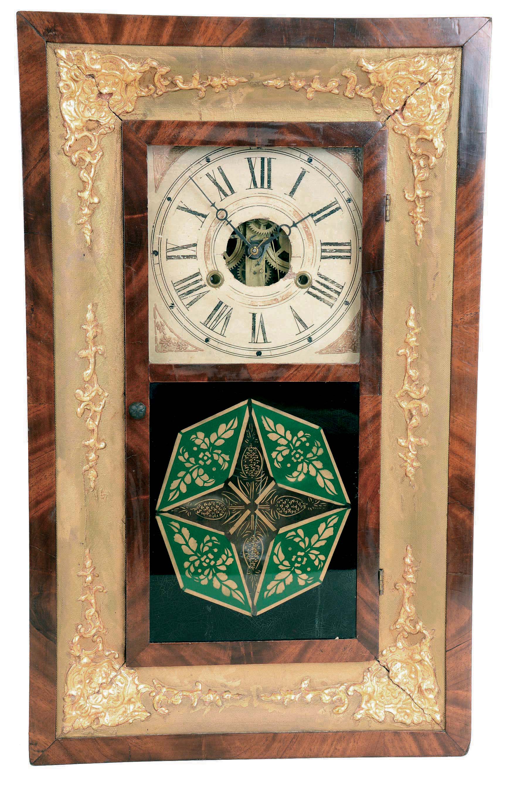 H. Welton &amp; Co., Terryville, Conn., 30 hours, time and strike weight brass movement mahogany and gilt front OG shelf clock. — Antique Clocks Price Guide