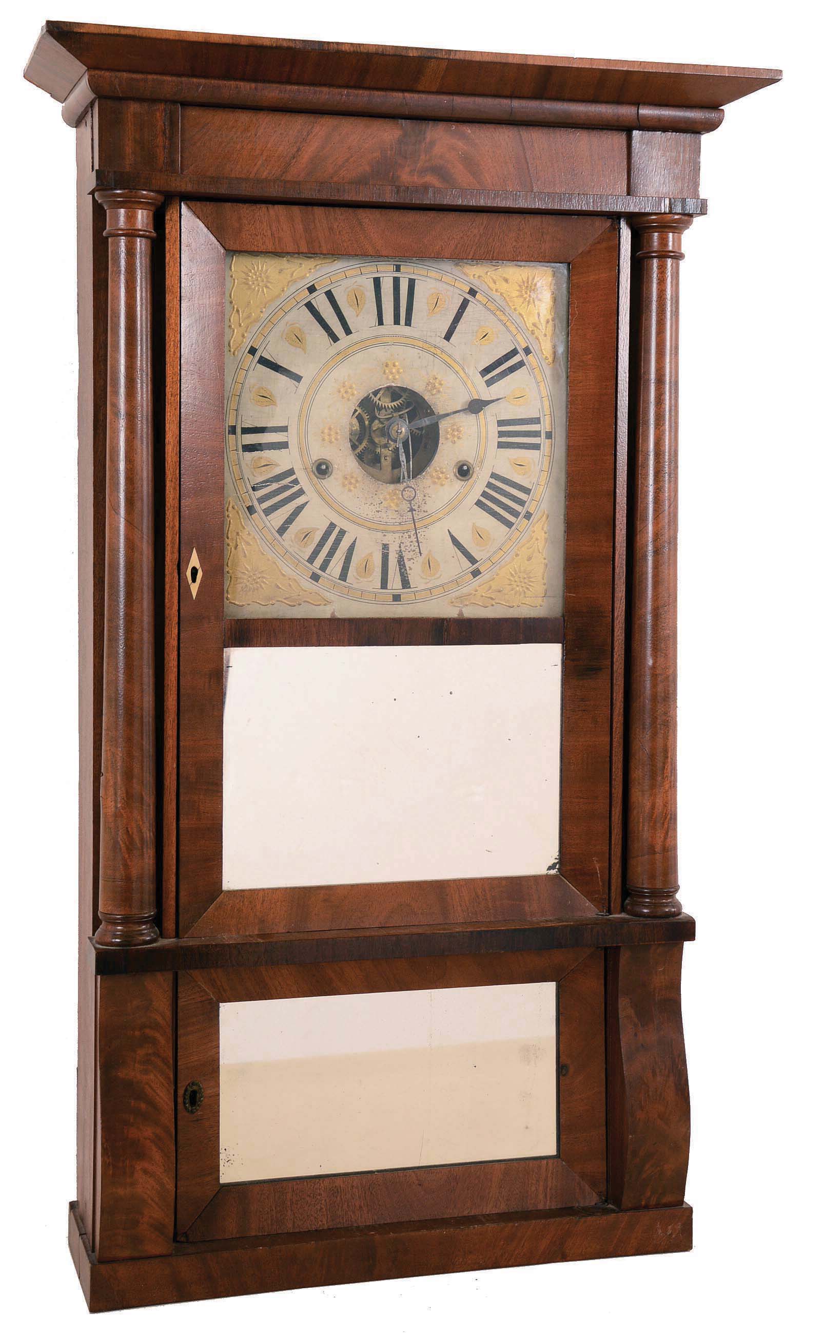 Williams, Orton, Prestons &amp; Co., Farmington, Conn., 8 day, time and strike weight brass movement probably manufactured by Eli Terry, column &amp; cornice shelf clock. — Antique Clocks Price Guide
