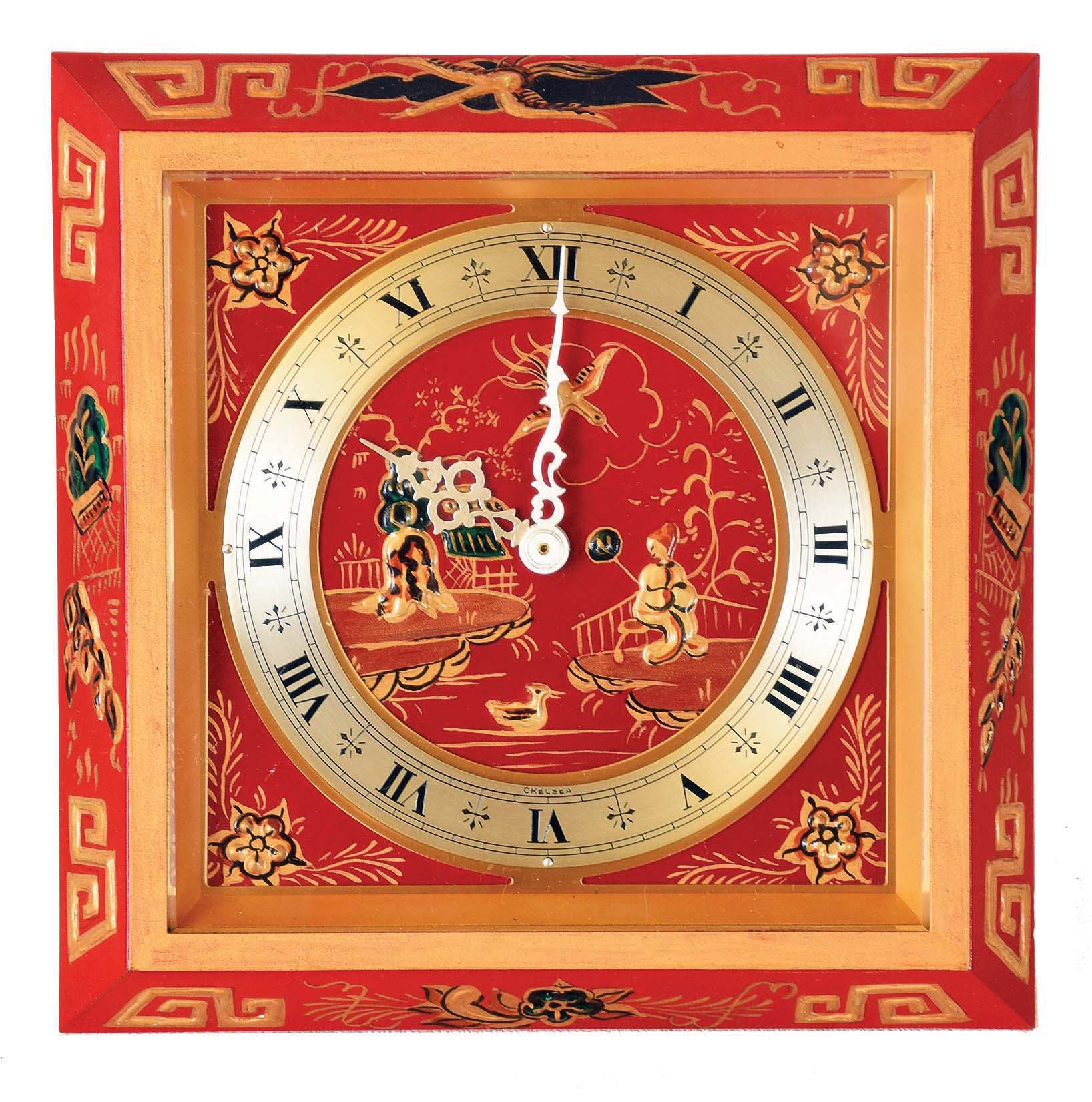 Chelsea Clock Co., Boston, Mass., "Chinese Lacquer" red painted easel-style desk clock in Asian motif, 8 days, time only, serial #796458 — Antique Clocks Price Guide