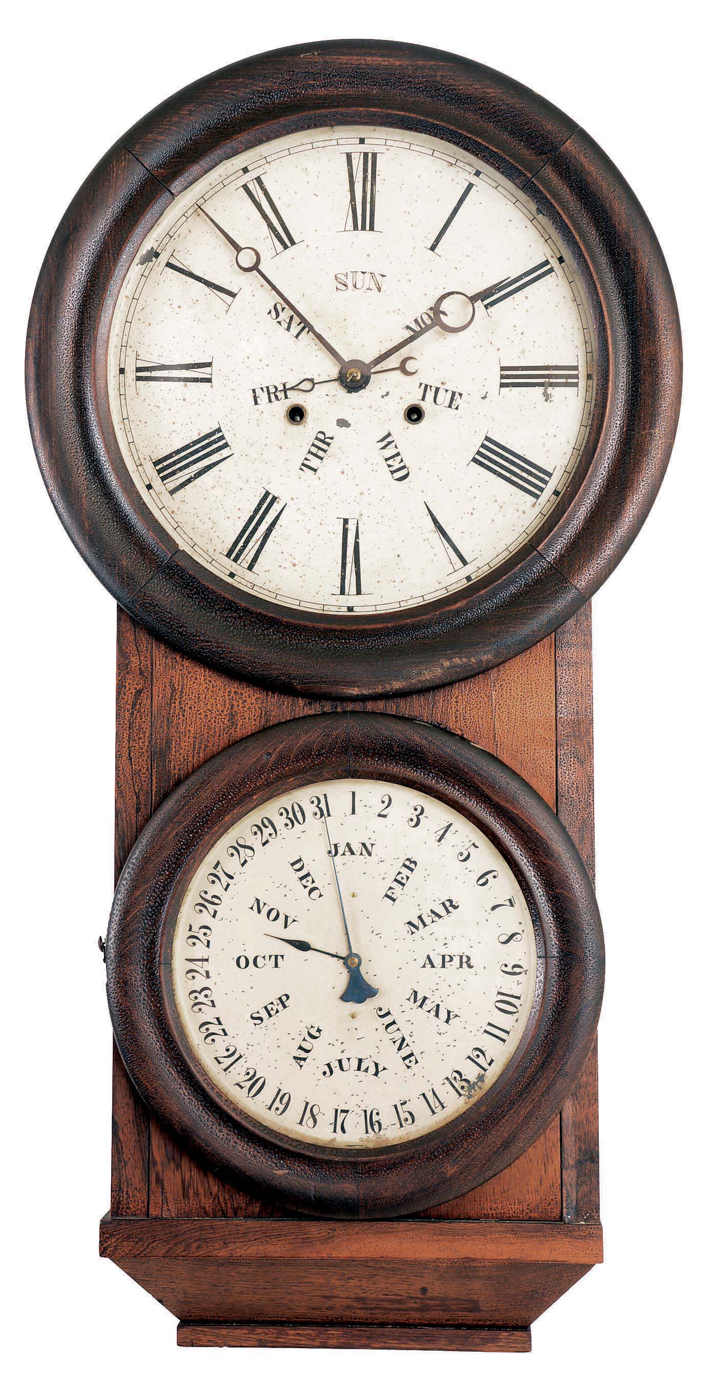 L, F, &amp; W. W. Carter, Bristol, Conn., calendar wall clock with a weight driven 8 days timepiece movement and a B. B. Lewis perpetual calendar mechanism in a rosewood veneered case in the style of the Lewis No. 2 calendar. — Antique Clocks Price Guide