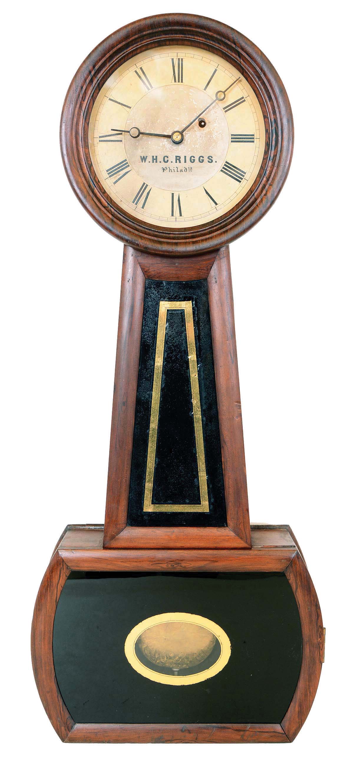 Howard &amp; Davis, Boston, Mass., "No. 3 Regulator" for W.H.C. Riggs. Philadelphia, banjo wall clock, 8 days, time only, weight driven movement in a rosewood grain painted case with papered metal dial and reverse painted black and gold throat and lower tablets — Antique Clocks Price Guide