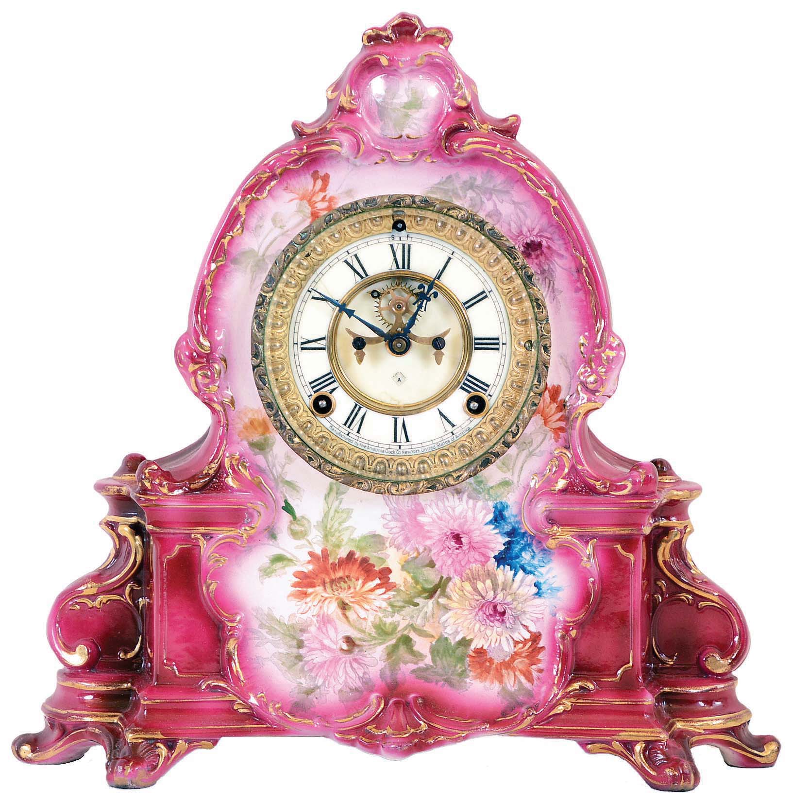 Ansonia Clock Co, New York, "La Manche" Royal Bonn porcelain shelf clock with a spring driven 8 days time and strike movement with visible escapement, — Antique Clocks Price Guide