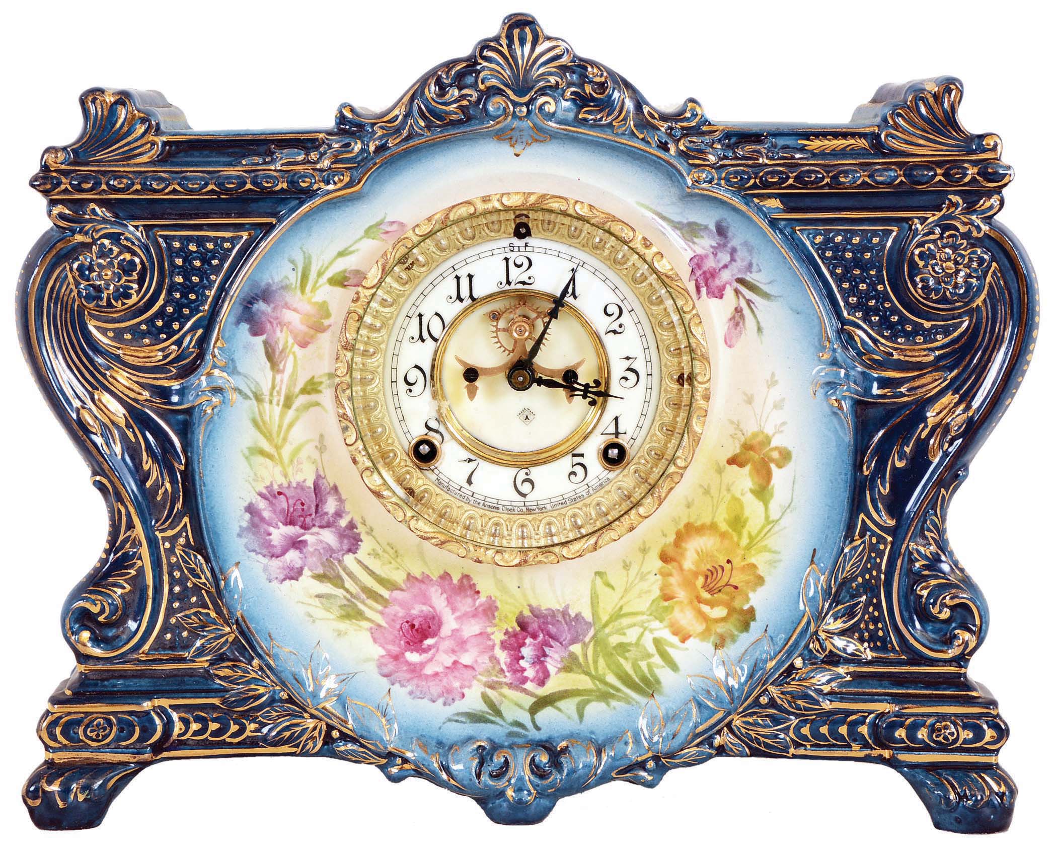 Ansonia Clock Co., New York, NY, "La Vinda", 8 days, time and strike spring brass movement porcelain mantel clock. — Antique Clocks Price Guide