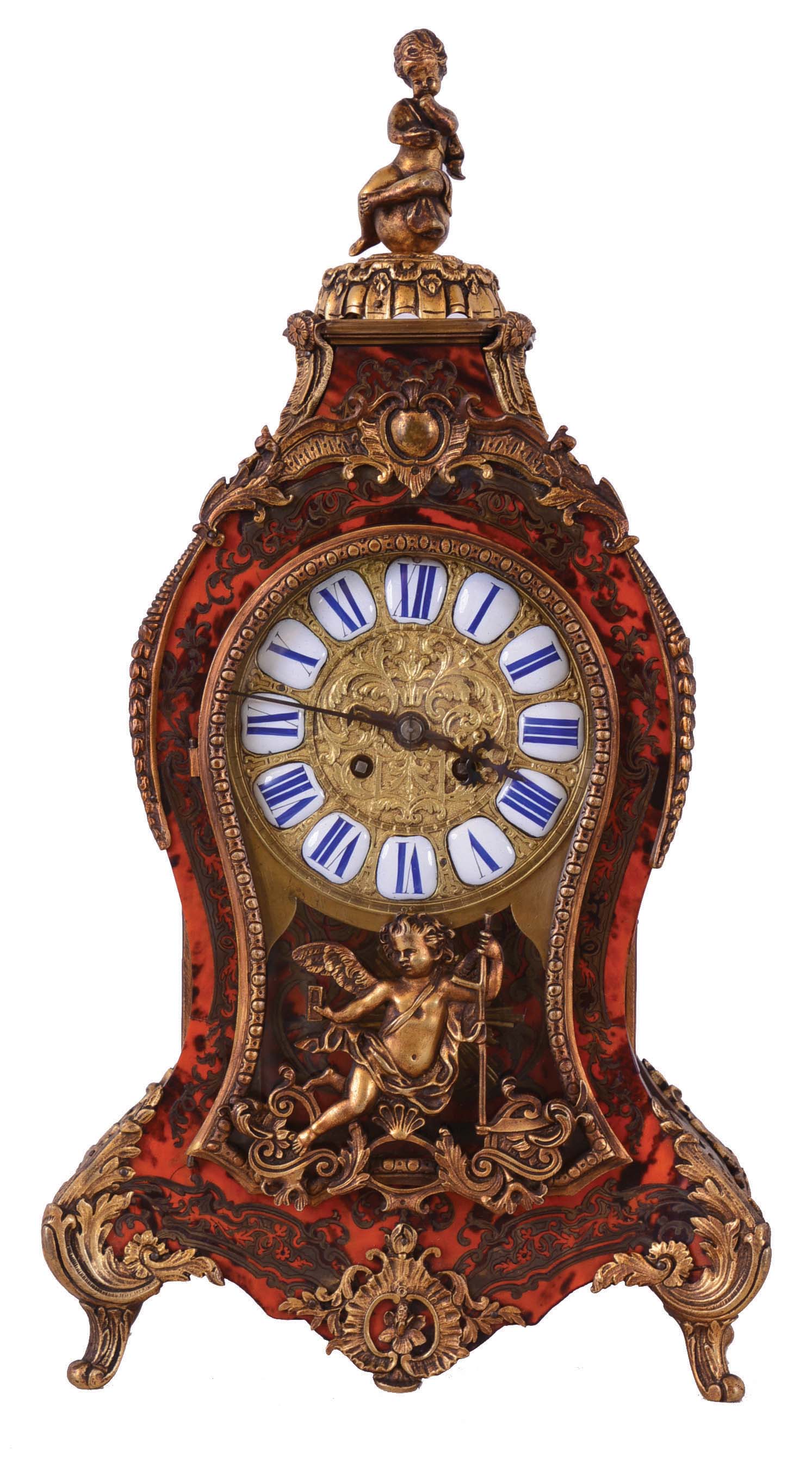 French Boulle Clock, 8 day, time &amp; strike, spring driven movement in a Victorian faux tortoise shell case with applied decorations of cherubs, one sitting on a bill as a finial. — Antique Clocks Price Guide