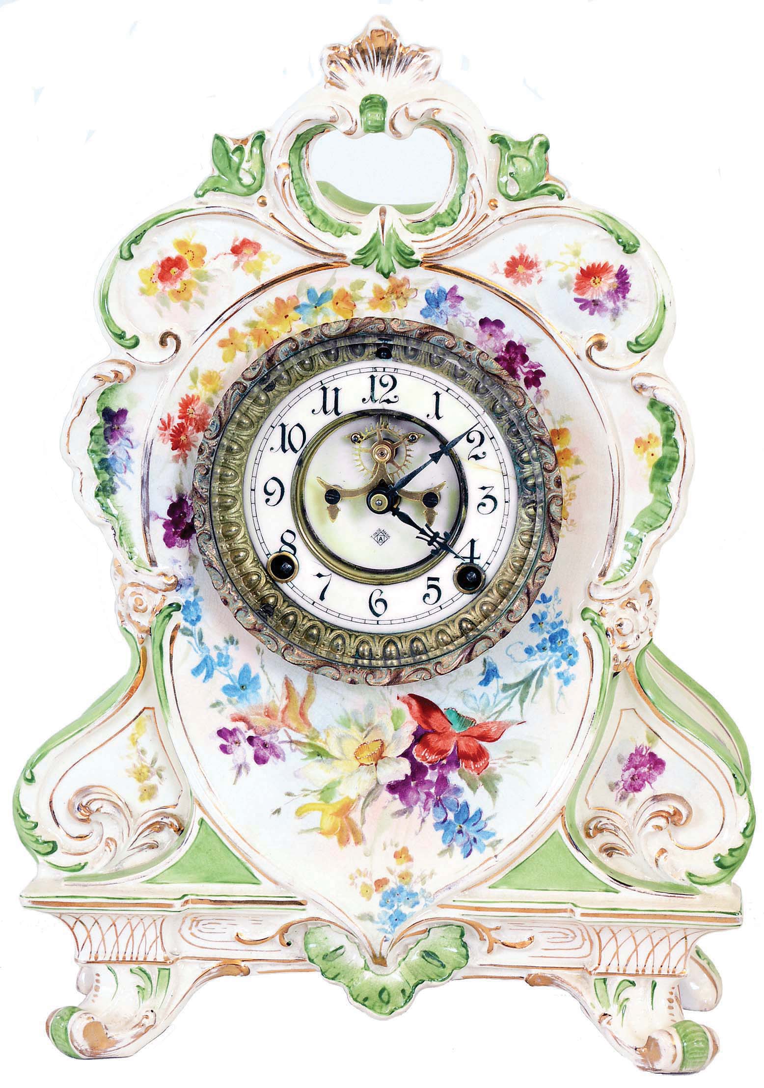 Ansonia Clock Co., New York, NY, "La Villa", 8 days, time and strike spring brass movement porcelain mantel clock. — Antique Clocks Price Guide