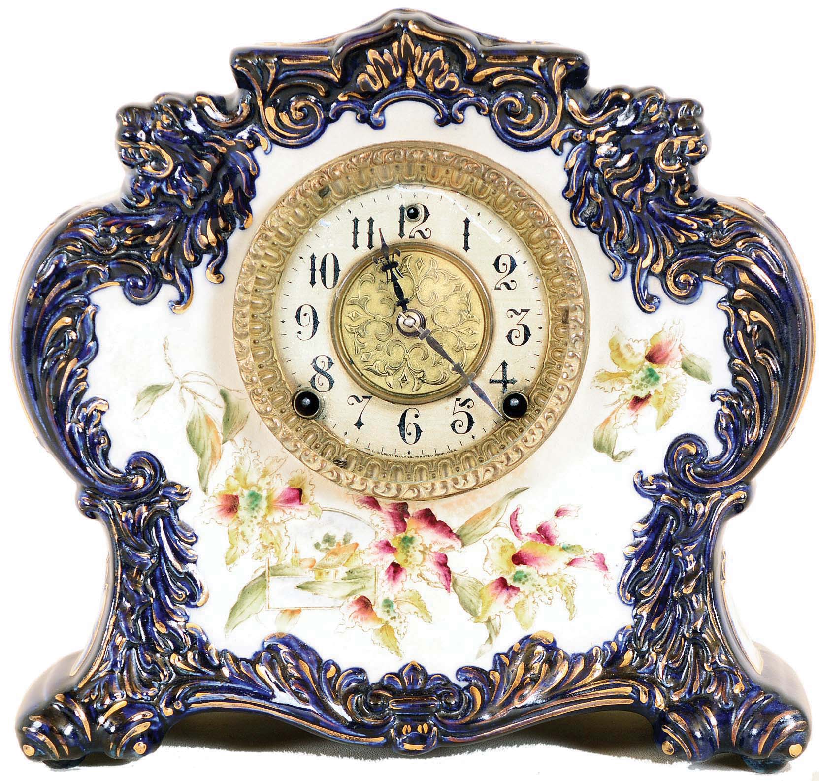 William L. Gilbert Clock Co., Winsted, Conn., "No. 411" 8 days, time and strike spring brass movement porcelain mantel clock. — Antique Clocks Price Guide