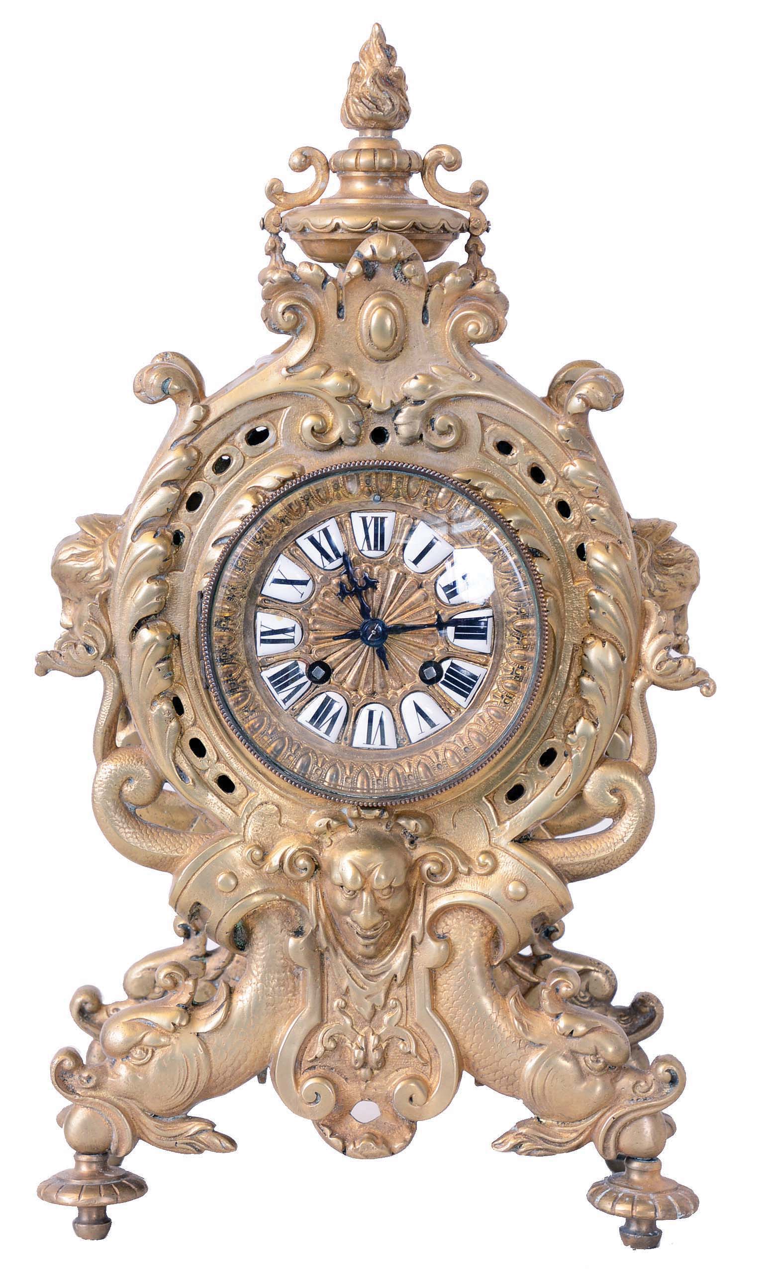 French cast brass 8 day time and strike mantel clock, side and front figural faces, unsigned movement with count wheel and bell — Antique Clocks Price Guide