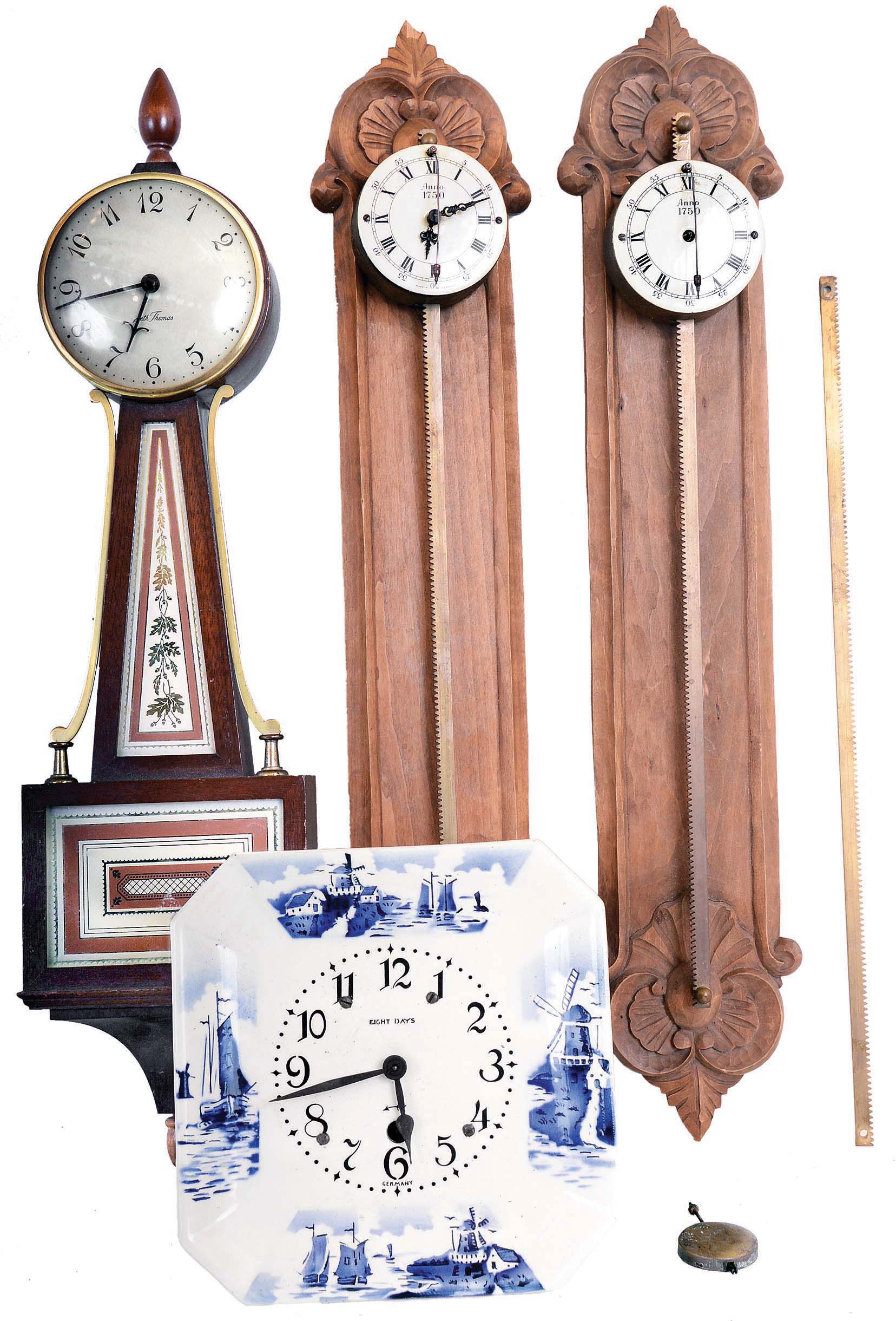 Clocks- 4 (Four): (1) Reproduction German made gravity rack wall timepiece. c1955 (2) German, dish form 8 days, spring brass movement wall timepiece c1930 (3) Seth Thomas Clock Co., Thomaston, Conn., "Homestead-W", 8 days, brass spring lever movement patent or banjo timepiece. c1953 (4) Reproduction German made gravity rack wall timepiece. c1955 — Antique Clocks Price Guide