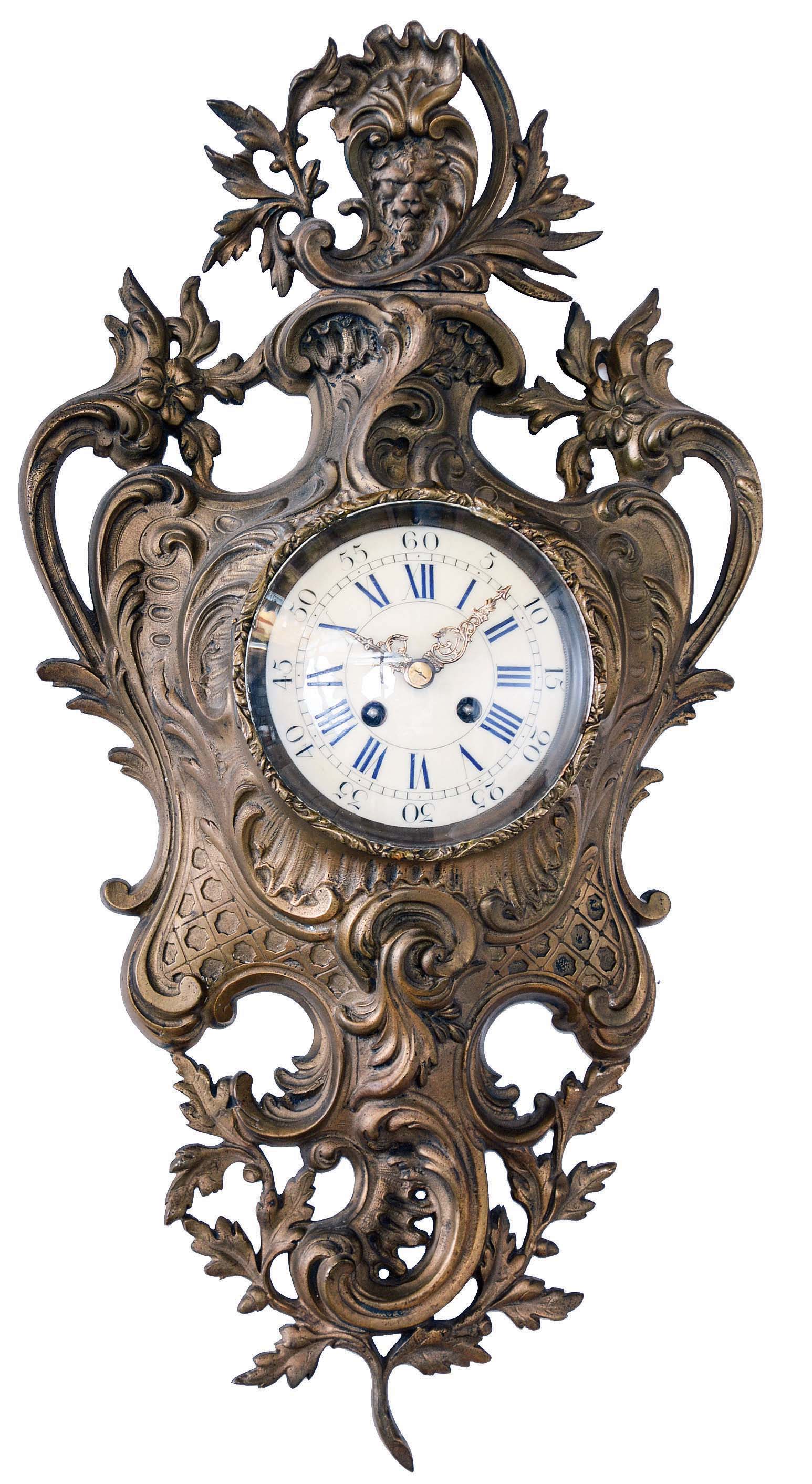 Clocks- 2 (Two) French: 8 day time and strike movements with Marti back plate stamps; one is black marble mantel with seated woman cast brass figural signed "Aubert", on top, visible escapement; the other is a cast brass cartel wall clock with cream enamel dial and blue numbers. — Antique Clocks Price Guide