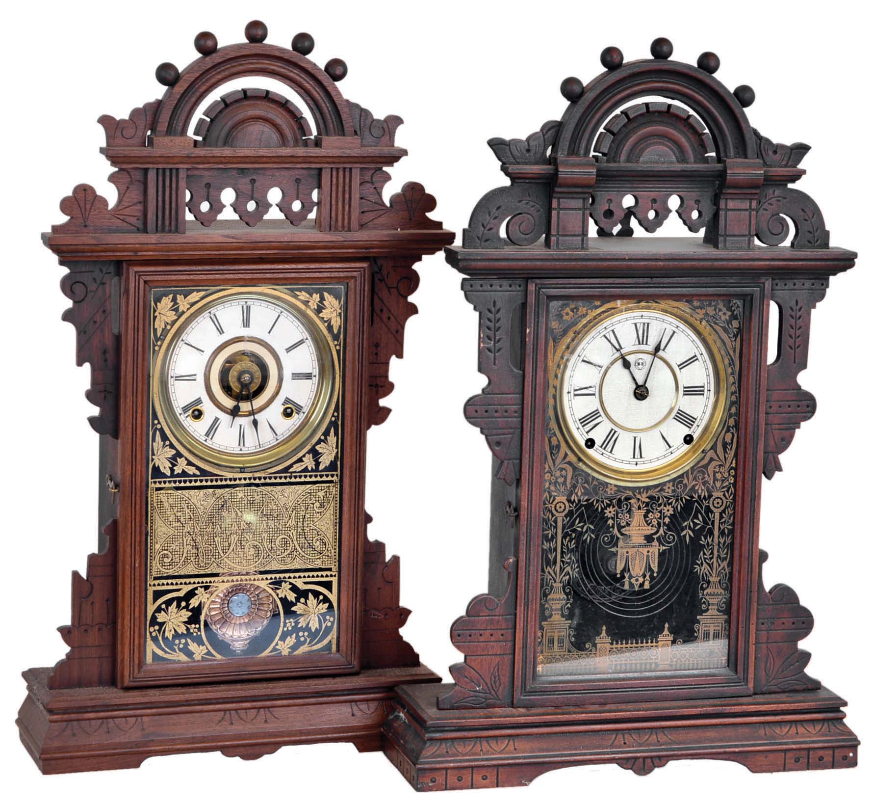 Clocks- 2 (Two): (1) Seth Thomas Clock Co., Thomaston, Conn., "Eclipse", 8 days, time and strike spring brass movement shelf clock. (2) Seth Thomas Clock Co., Thomaston, Conn., "Eclipse", 8 days, time, strike and alarm spring brass movement shelf clock. — Antique Clocks Price Guide