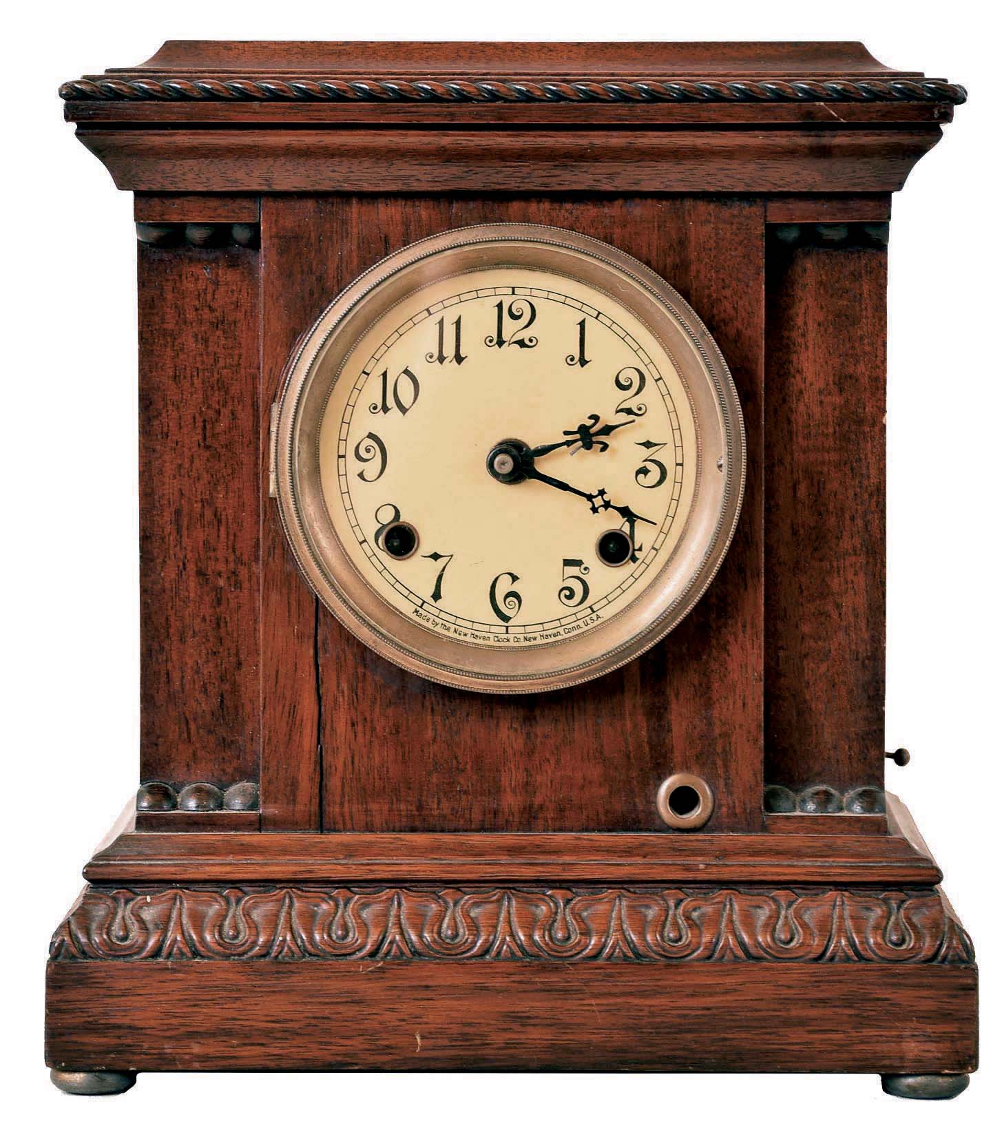 New Haven Clock Co., New Haven, Conn., scarce "Shirley" model with Wilcox patent chiming mantel clock. — Antique Clocks Price Guide