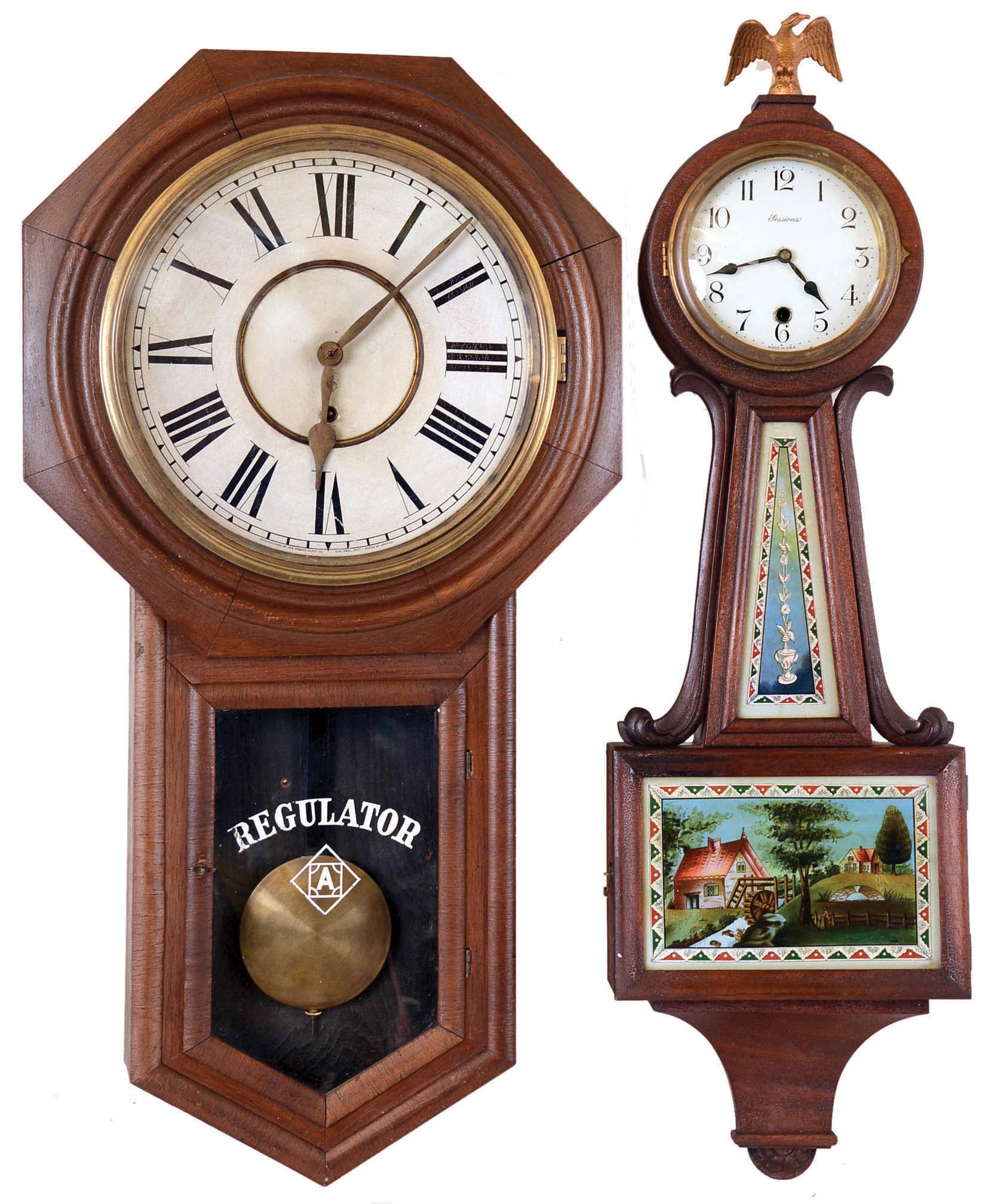 Clocks- 5 (Five) Wall 8 day: Ansonia "Regulator A" time only; Gilbert painted time only; New Haven time only school; Russian time and bim-bam strike; Sessions time only banjo; early 20th century — Antique Clocks Price Guide