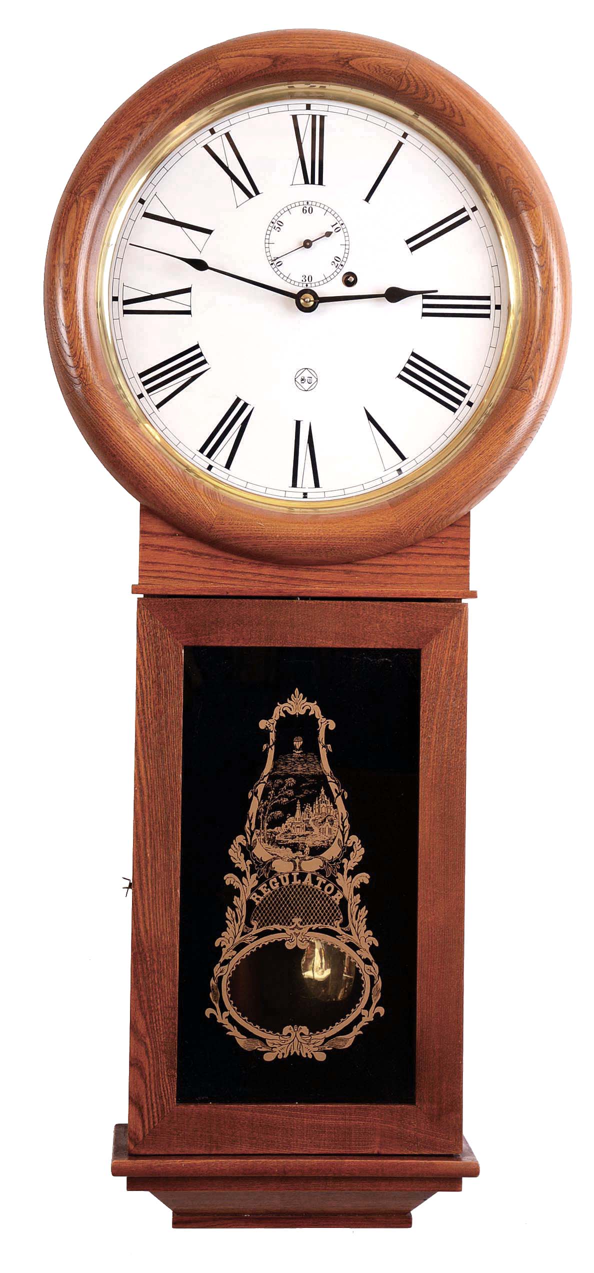 Clocks- 3 (Three) Asian modern reproduction 8 day wall clocks: Seth Thomas early style oak No. 1 or No. 2 Regulator reproduction, 8 day weight driven; large Korean mahogany ornate time and strike with "N" trademark on painted metal dial; large Korean time and strike with drop finials; late 20th century — Antique Clocks Price Guide