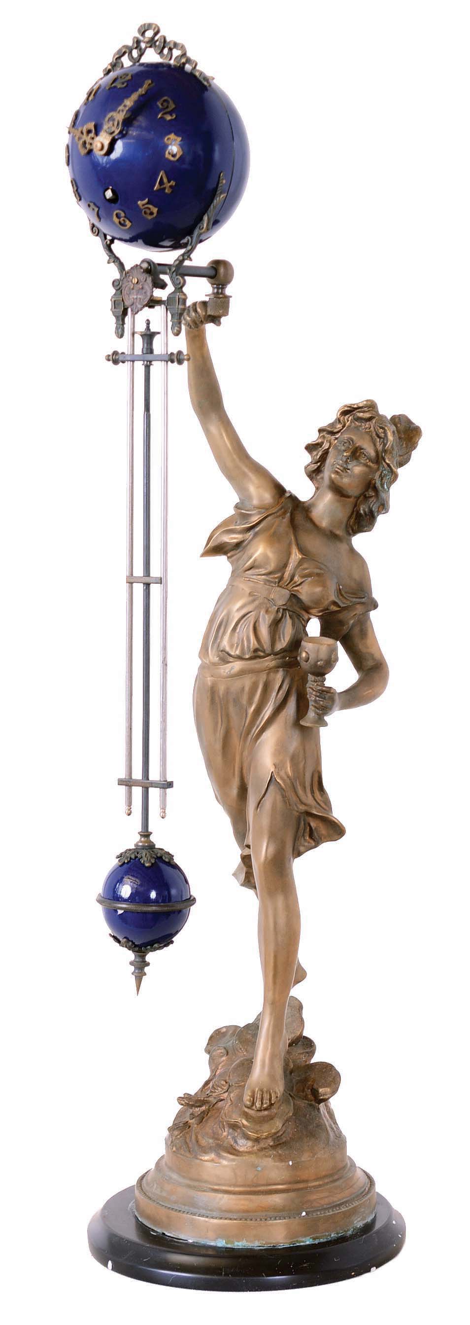 Swinging Arm Figural Clock, Modern Asian Reproduction of Moreau original French statue, 8 day time only movement — Antique Clocks Price Guide