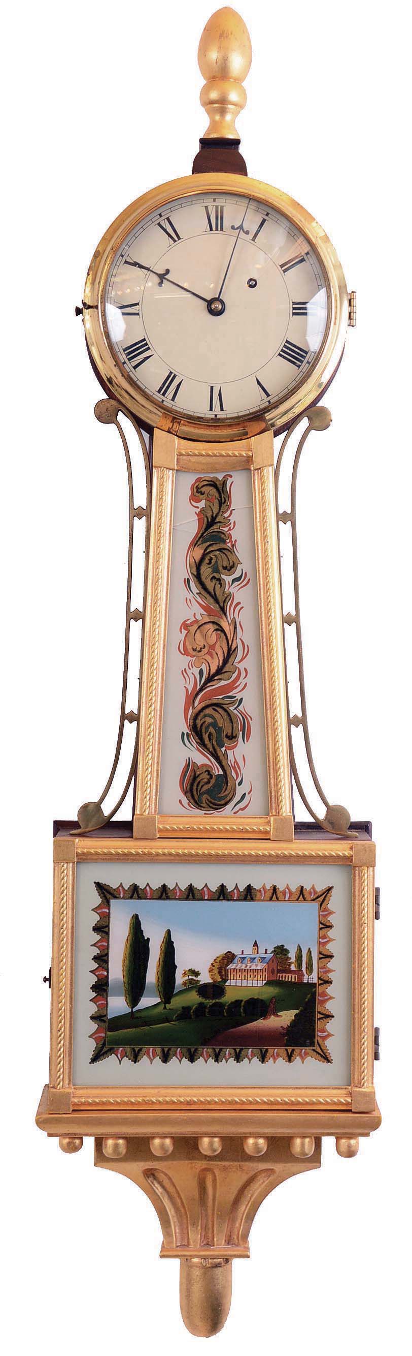 Clocks- 2 (Two) Banjo modern reproduction 8 day weight driven gilt front hanging clocks; both unsigned, but one with movement stamped Kilburn &amp; Proctor, the other by Gerhard Hartwigs, one bottom glass has Martha Smallwood initials, late 20th century — Antique Clocks Price Guide