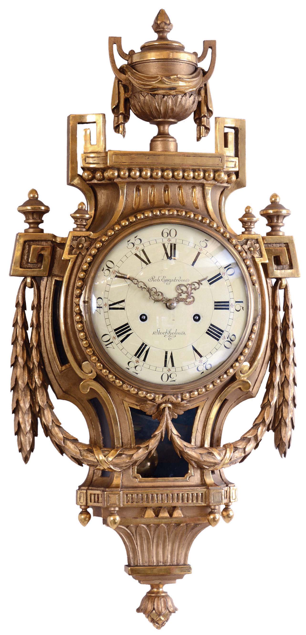 Clocks- 3 (Three) Wall European 8 day: two time only Vienna regulators, one with movement maker stamp "AG"(?) , c1900; Rob. Engstrom, Stockholm, Swedish gilt wood striking cartel; c1950 — Antique Clocks Price Guide