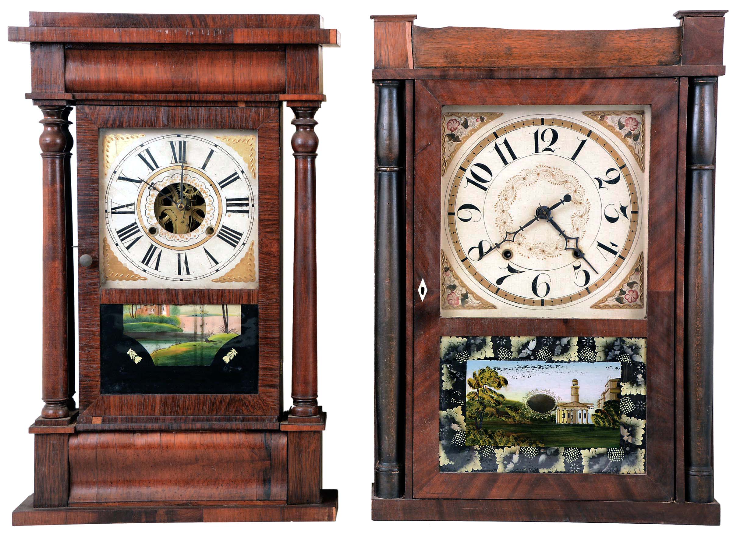 Clocks- 2 (Two): (1) Silas Hoadley, Plymouth Hollow, Conn., 30 hours, time and strike weight wood movement half column &amp; splat shelf clock. c1830. (2) William S. Sperry, Barclay Street, New York, 30 hours, time and strike weight brass movement 4-column shelf clock. c1845 — Antique Clocks Price Guide
