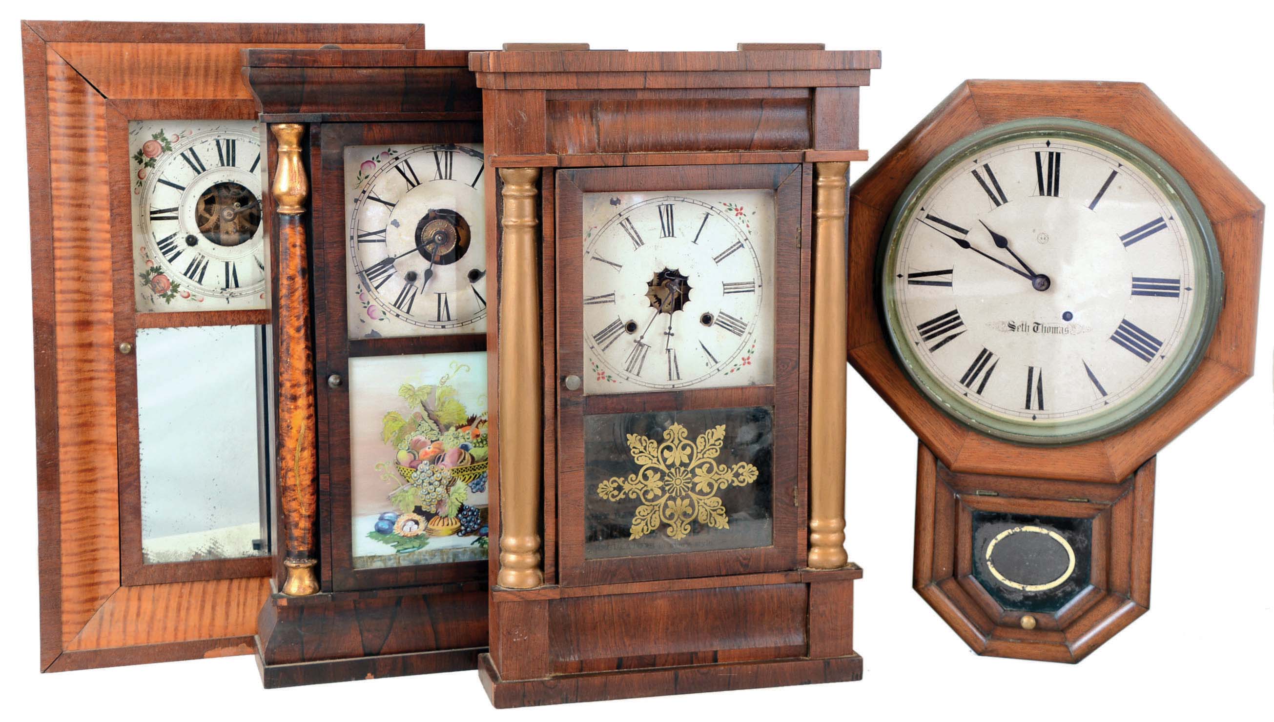 Clocks- 4 (Four): (1) Seth Thomas Clock Co., Thomaston, Conn., 8 days, spring brass movement schoolhouse wall timepiece. c1905 (2) Waterbury Clock Co., Waterbury, Conn., 30 hours, time and strike weight brass movement shelf clock. c1870 (3) Seth Thomas Clock Co., Thomaston, Conn., 30 hours, time, strike and alarm weight brass movement column shelf clock. c1870 (4) Atkins, Porter &amp; Co., Bristol, Conn., 30 hours, time and strike weight brass movement OG shelf clock. c1845 — Antique Clocks Price Guide