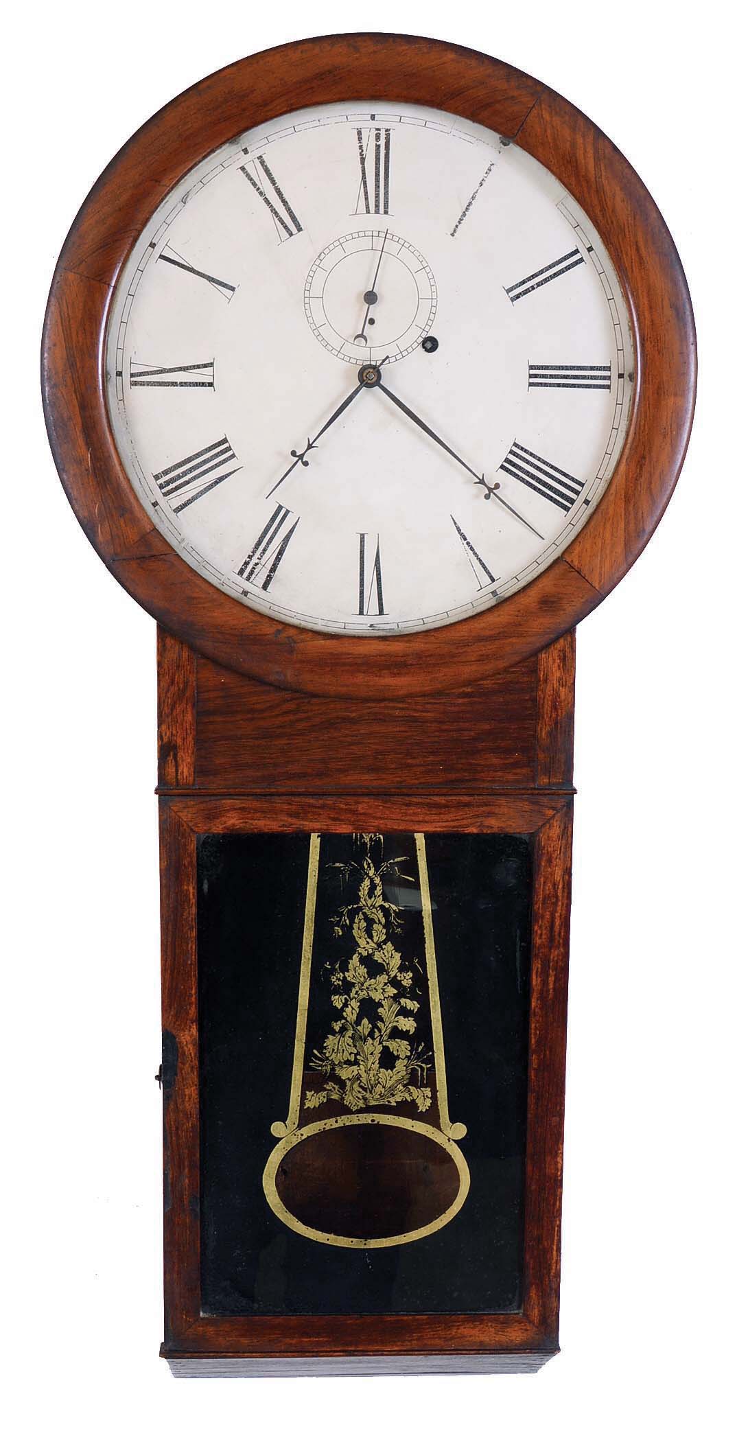 Silas B. Terry, Terryville, Conn., "Regulator" wall hanging clock with a weight driven 8 days timepiece movement in a rosewood veneered case. — Antique Clocks Price Guide