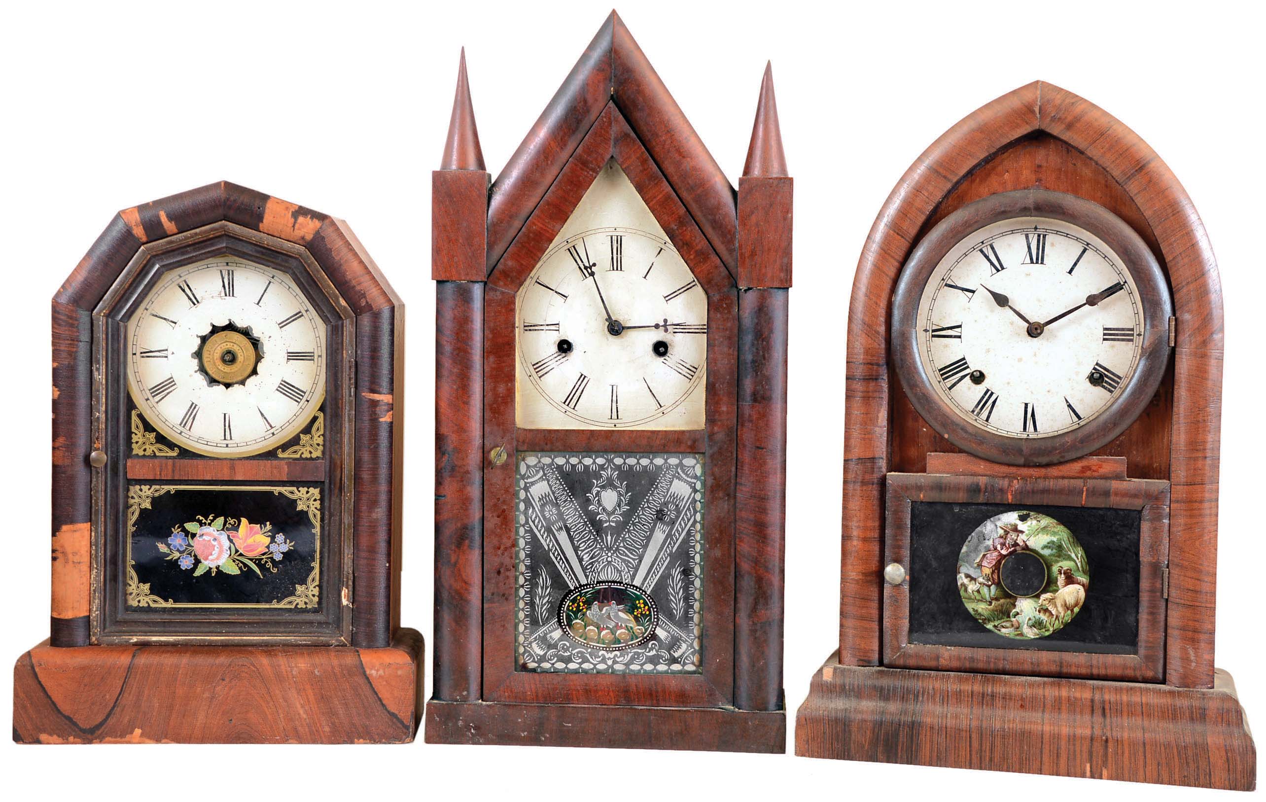 Clocks- 6 (Six) Connecticut shelf, time and strike: Terry &amp; Andrews, Bristol, Conn., 30 hour steeple with Wm. B. Fenn tablet, c1848; E. N. Welch Mfg. Co, Forestville, Conn., 8 day "beehive", c1875; Gilbert "Citizen No. 19"; Ansonia 30 hour cottage; New Haven 8 day with alarm; New Haven 30 hour steeple; — Antique Clocks Price Guide