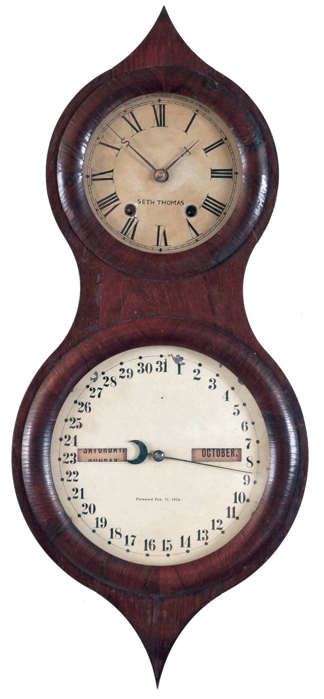 Seth Thomas Clock Co., Thomaston, Conn., "Office Calendar No. 3" or "Peanut" wall hanging clock with an 8 days spring driven timepiece movement with a Mix Brothers patented calendar mechanism in a rosewood veneered case. — Antique Clocks Price Guide