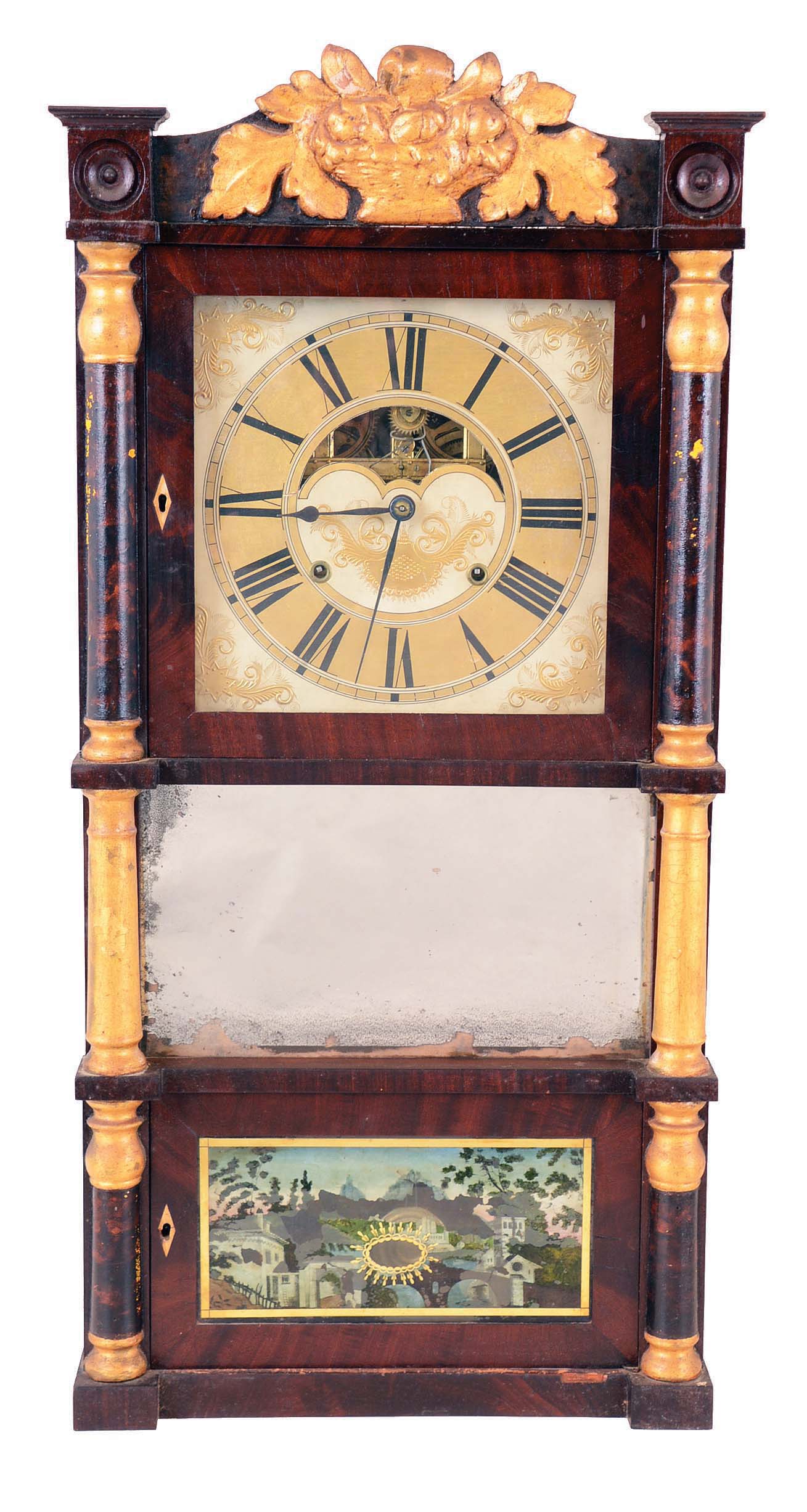 Birge, Case &amp; Co., Bristol, Conn., 8 days, time and strike weight brass movement triple decker shelf clock. — Antique Clocks Price Guide