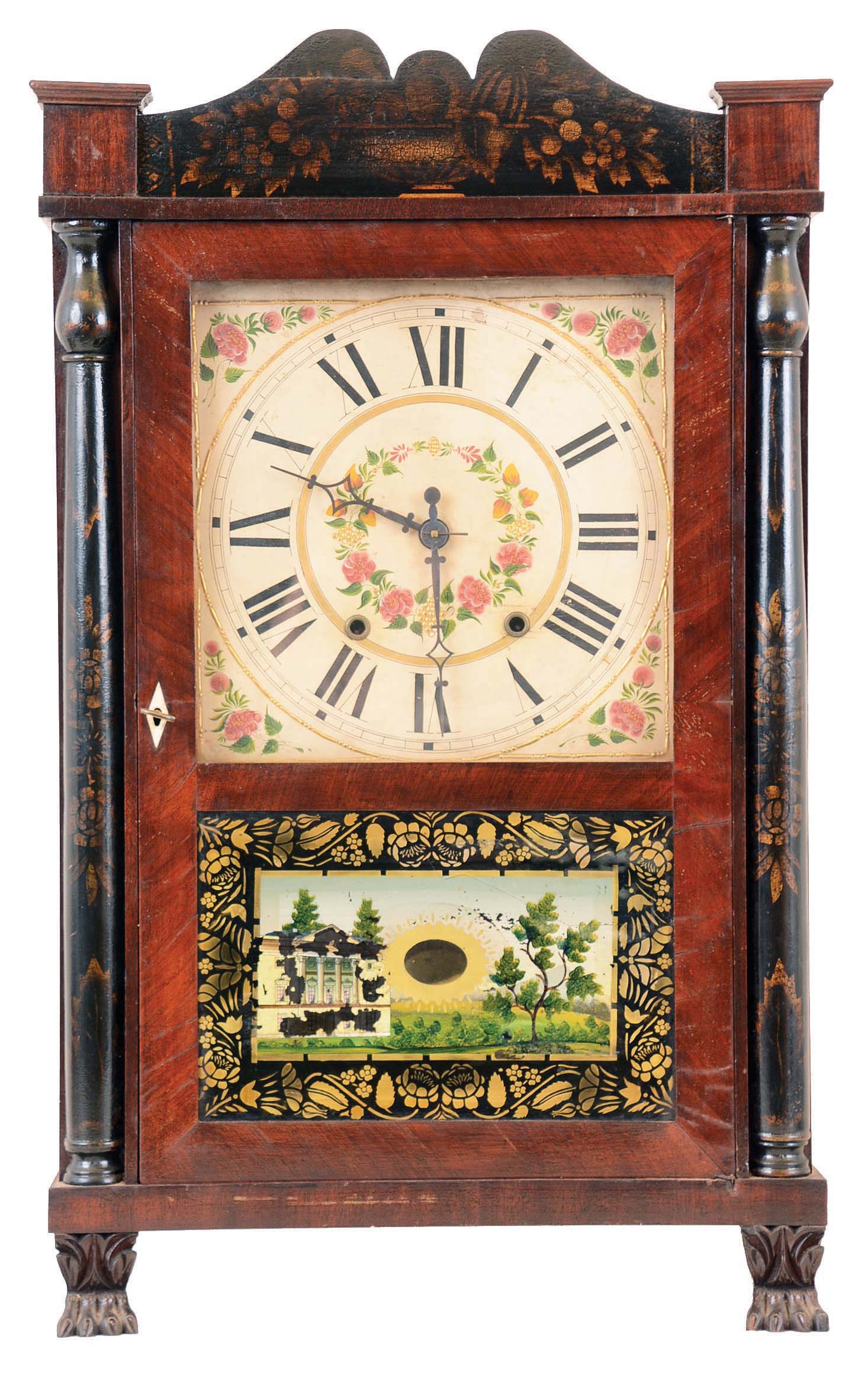 Asaph Hall, Goshen, Conn., 30 hours, time and strike weight wood movement half column &amp; splat shelf clock. — Antique Clocks Price Guide