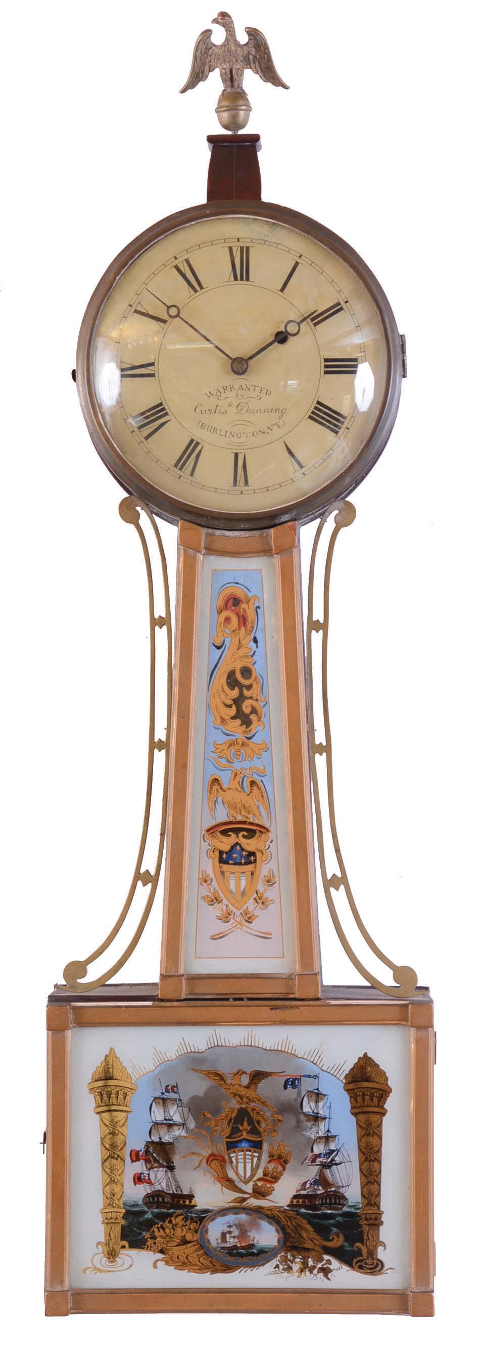 Vermont attribution, 8 day, brass weight movement patent or banjo timepiece with old and new parts. Dial is stamped: "Warrented by Curtis &amp; Dunning, Burlington, VT". — Antique Clocks Price Guide