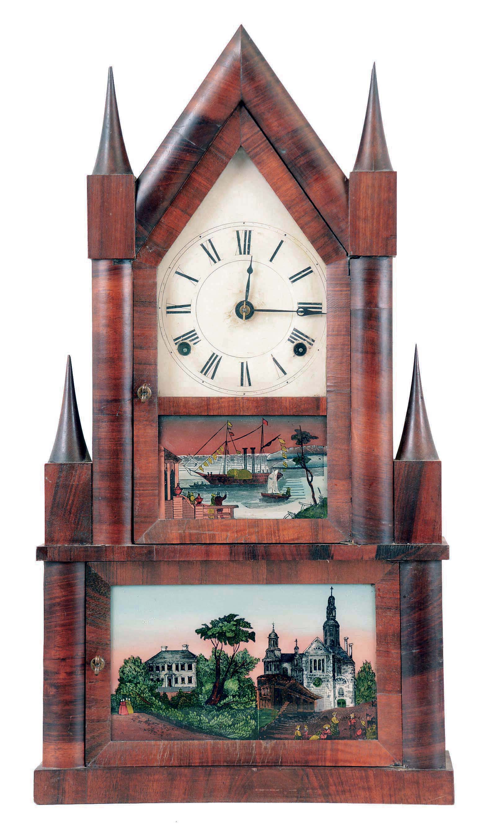 Elisha Manross, Bristol, Conn., 8 days, time and strike spring brass fusee movement double steeple shelf clock. — Antique Clocks Price Guide